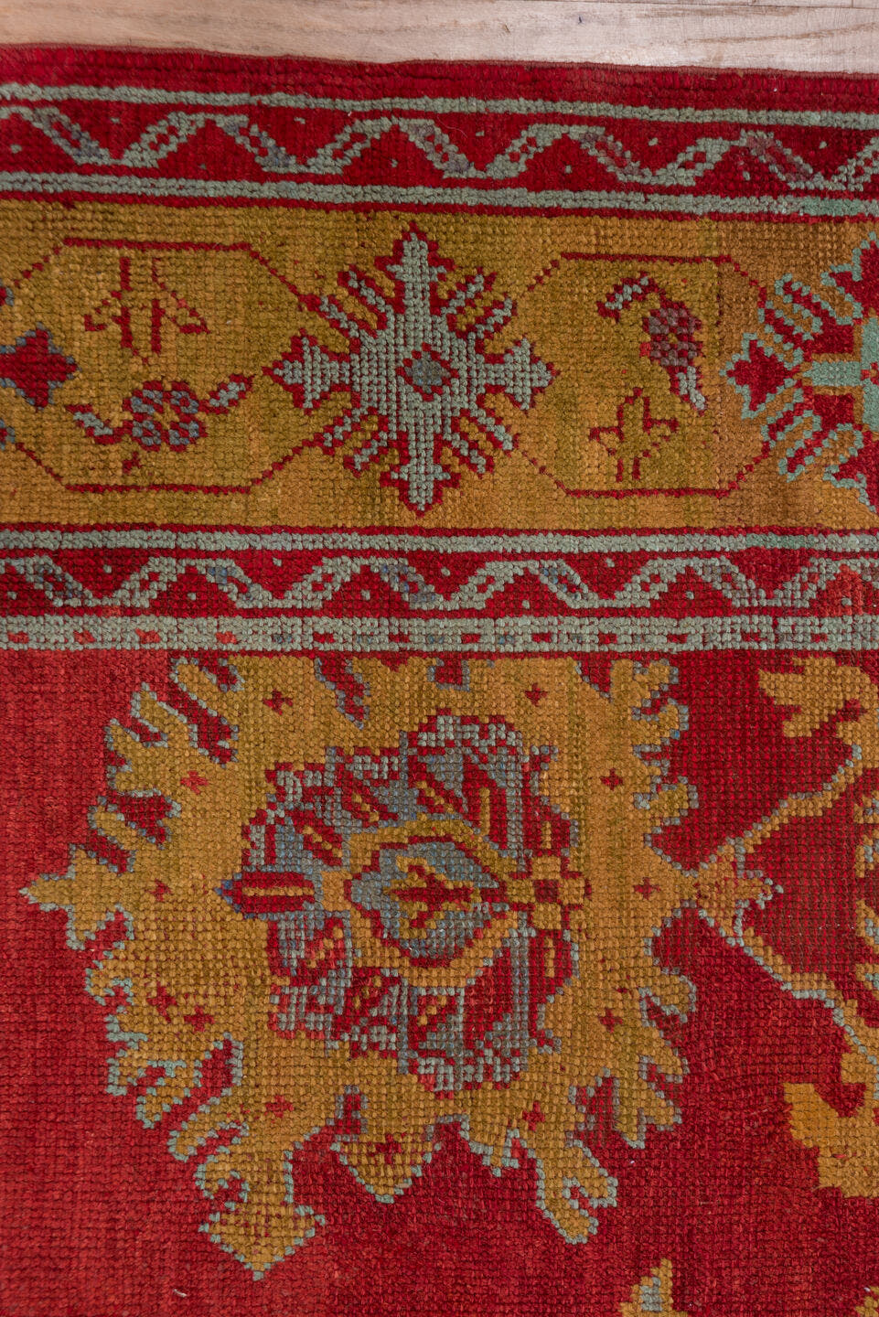 8' x 11' one-of-a-kind handmade antique Oushak large size rug. Color palette: rust, gold, crimson, ivory, pale blue