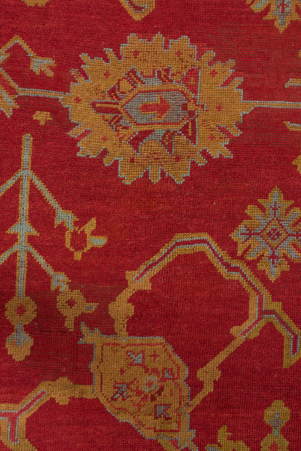 8' x 11' one-of-a-kind handmade antique Oushak large size rug. Color palette: rust, gold, crimson, ivory, pale blue
