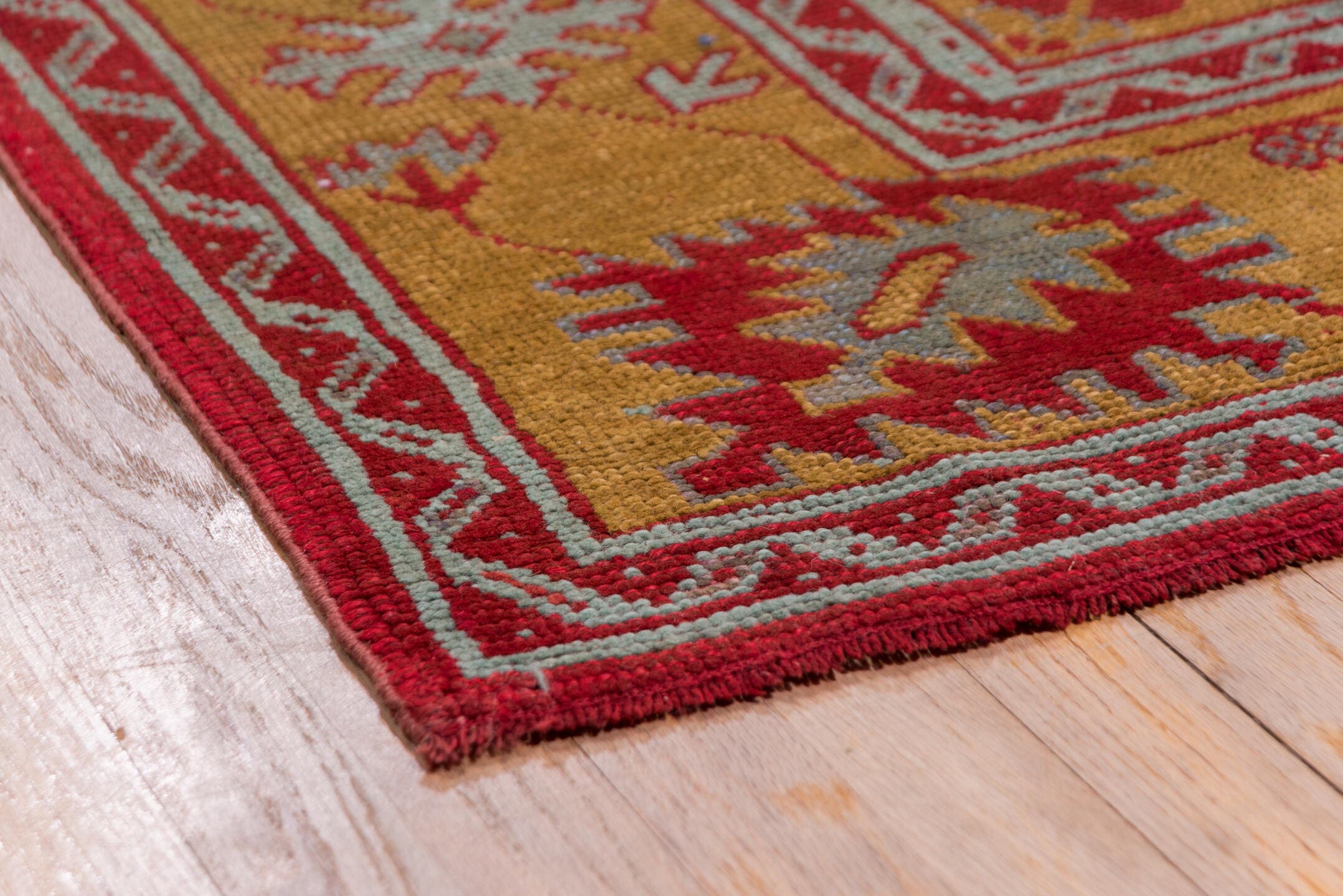 8' x 11' one-of-a-kind handmade antique Oushak large size rug. Color palette: rust, gold, crimson, ivory, pale blue