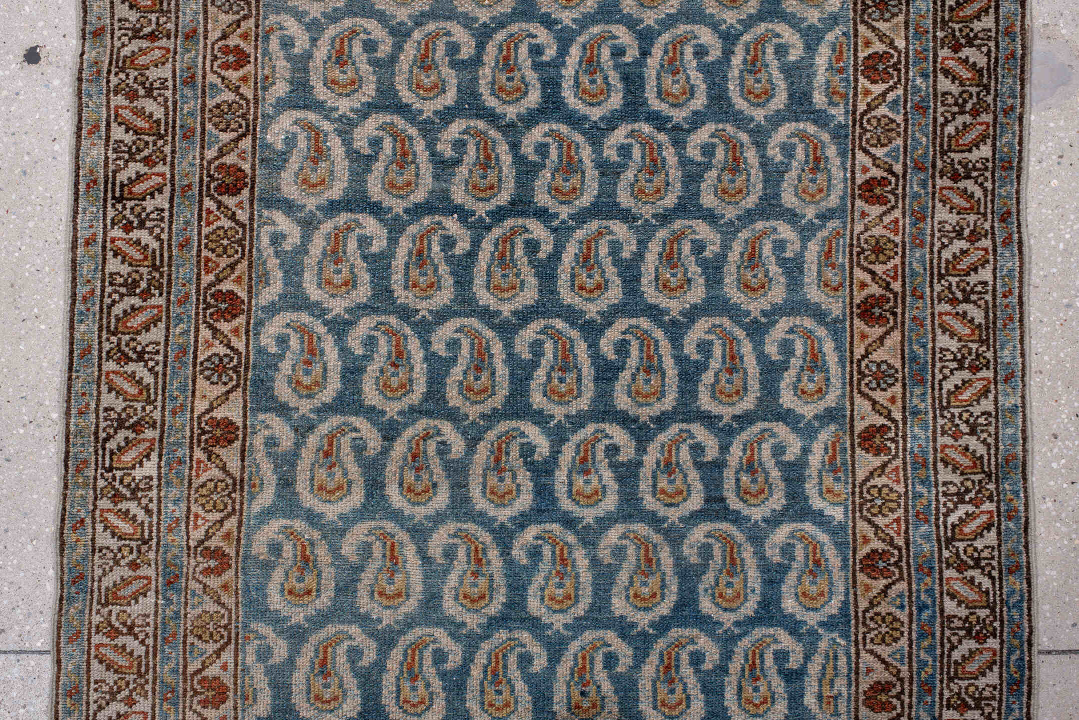 3' x 16' one-of-a-kind handmade vintage Malayer runner rug. Color palette: black, blue, brown, gray, light blue, light gray