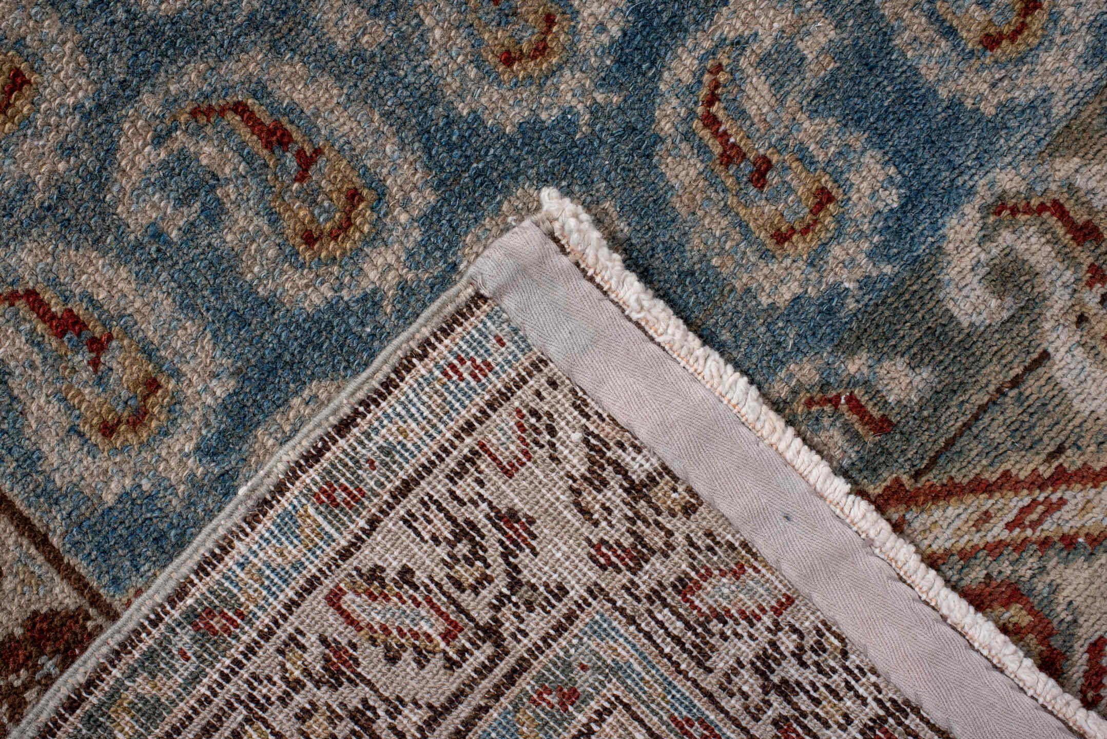 3' x 16' one-of-a-kind handmade vintage Malayer runner rug. Color palette: black, blue, brown, gray, light blue, light gray