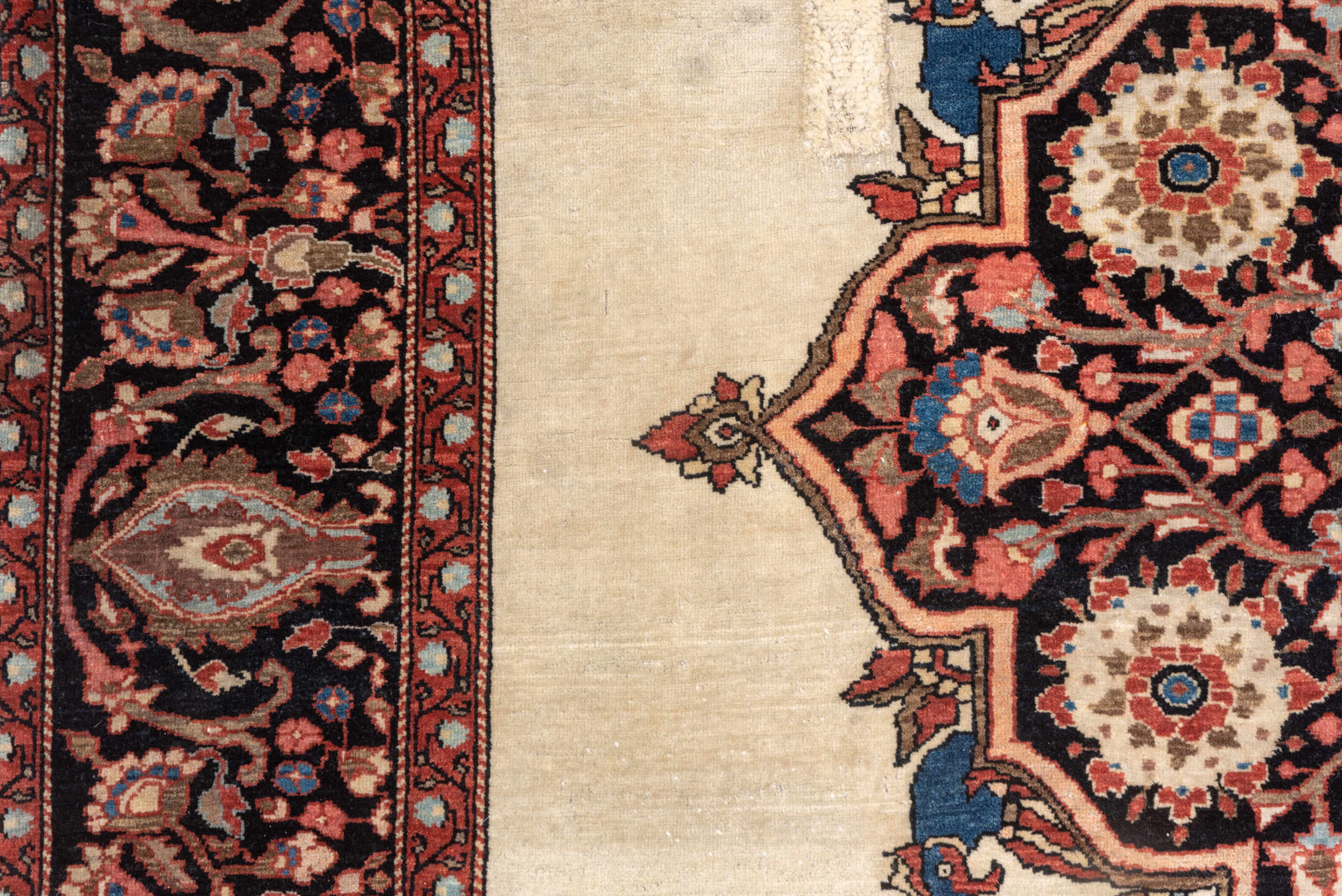 4' x 6' one-of-a-kind handmade vintage Far.Sarouk small size rug. Color palette: ivory, navy, rust, rose, burgundy, camel