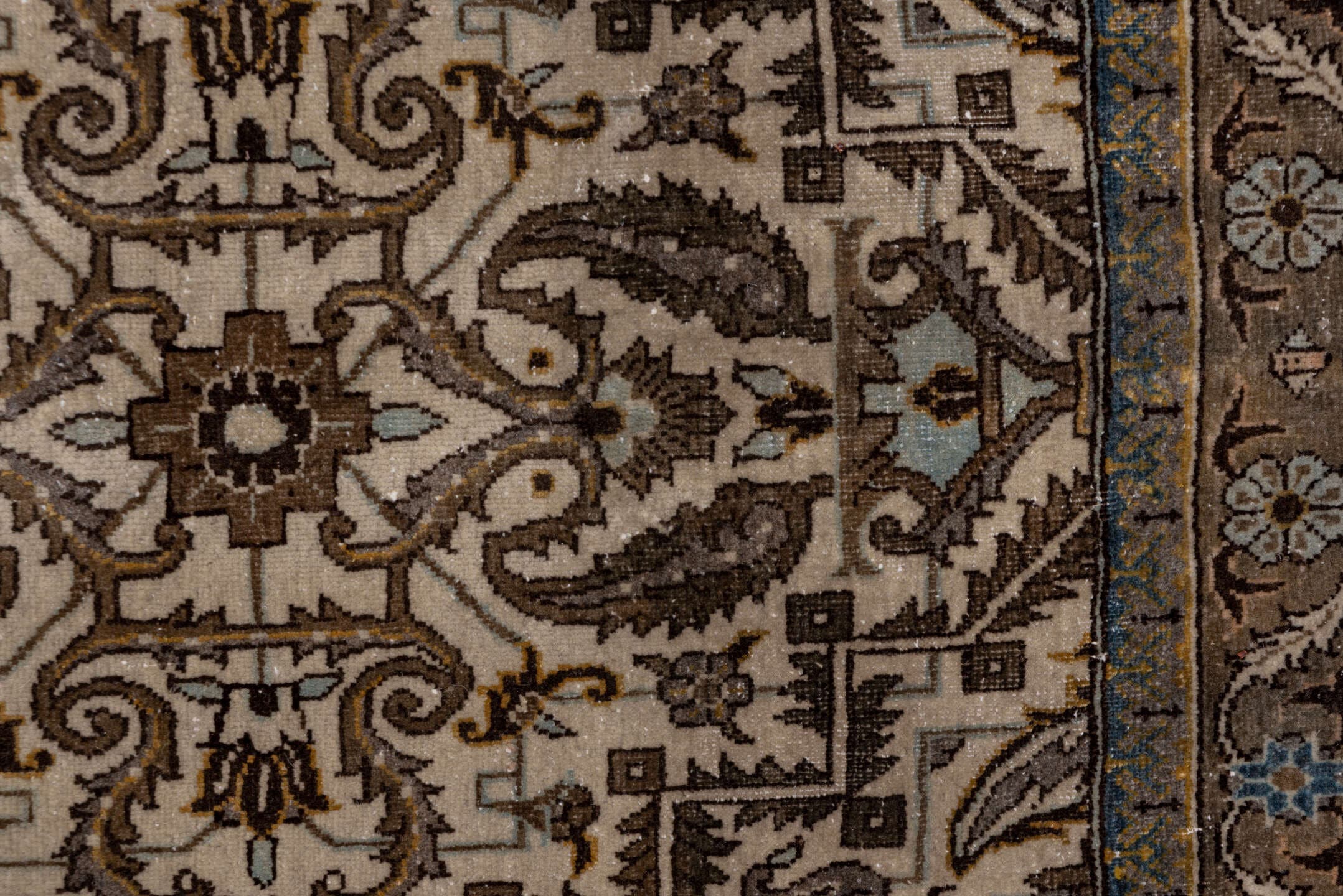 7' x 11' one-of-a-kind handmade antique Tabriz large size rug. Color palette: ivory, taupe, brown, camel, slate, soft_blue