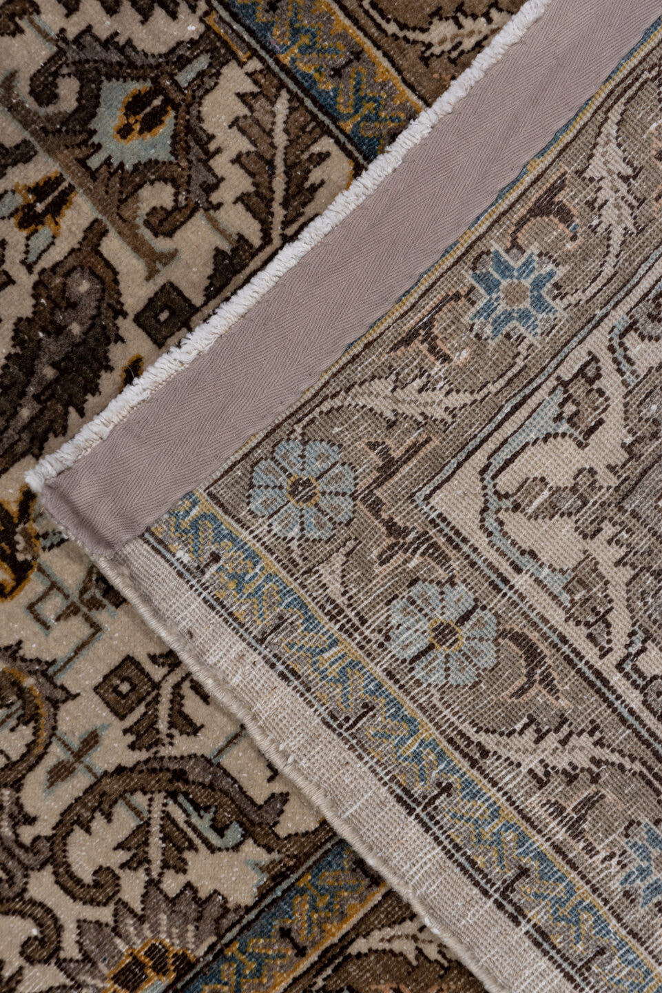 7' x 11' one-of-a-kind handmade antique Tabriz large size rug. Color palette: ivory, taupe, brown, camel, slate, soft_blue