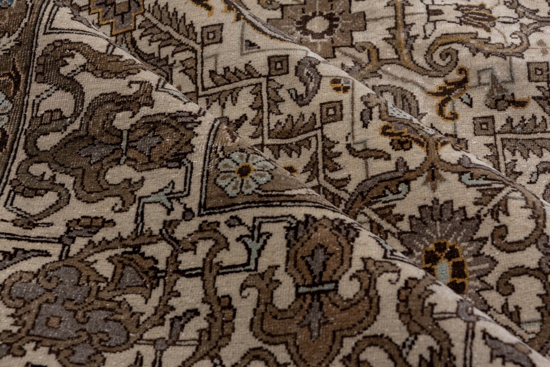 7' x 11' one-of-a-kind handmade antique Tabriz large size rug. Color palette: ivory, taupe, brown, camel, slate, soft_blue