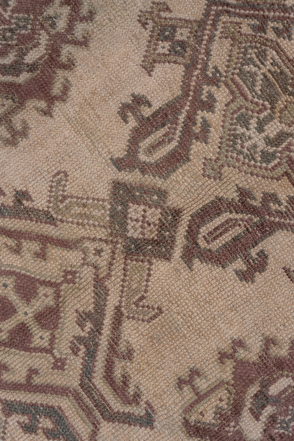6' x 12' one-of-a-kind handmade antique Oushak large size rug. Color palette: ivory, taupe, rose, brown, mauve, charcoal