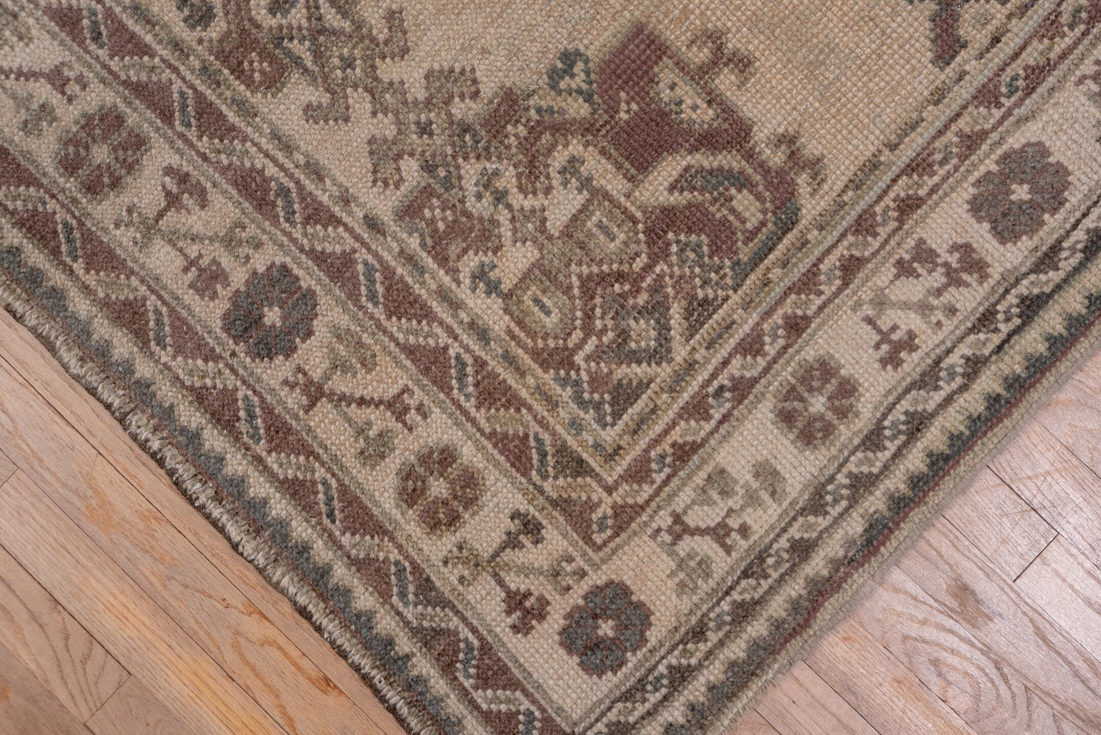 6' x 12' one-of-a-kind handmade antique Oushak large size rug. Color palette: ivory, taupe, rose, brown, mauve, charcoal