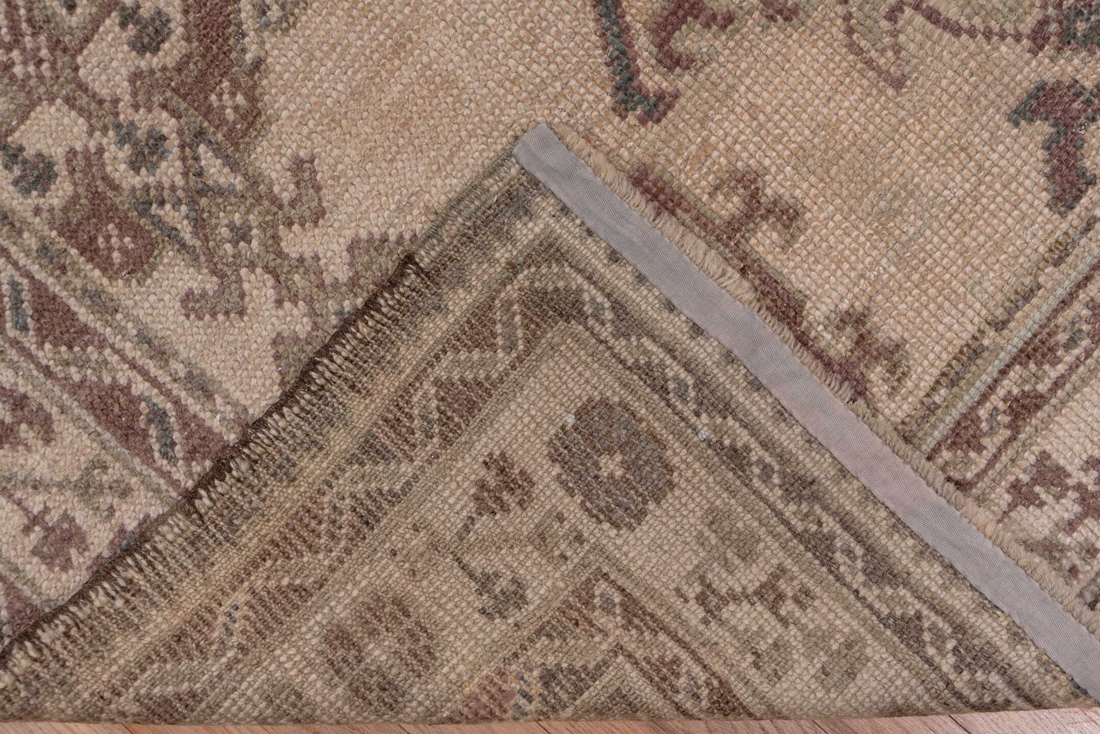 6' x 12' one-of-a-kind handmade antique Oushak large size rug. Color palette: ivory, taupe, rose, brown, mauve, charcoal