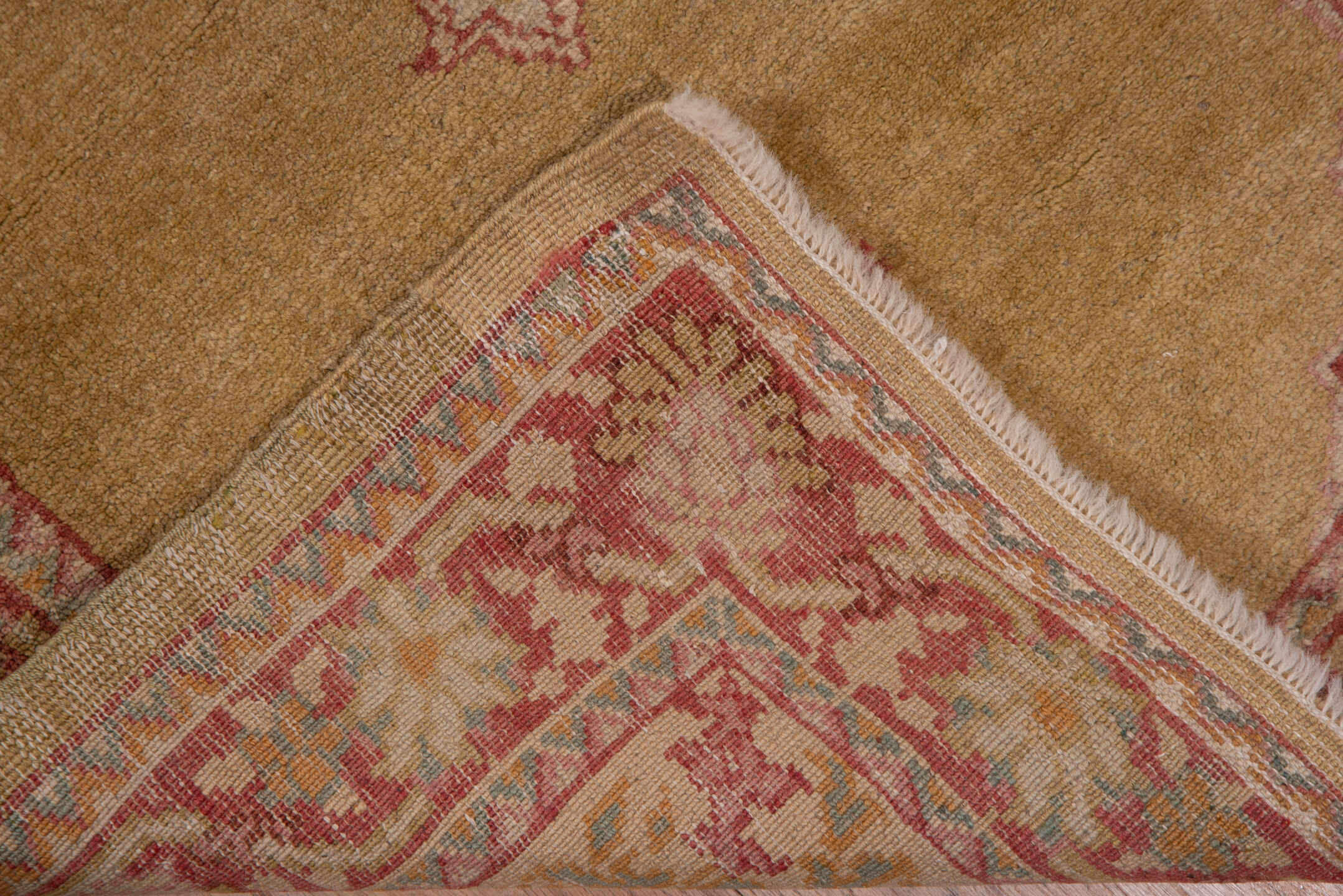 2' x 11' one-of-a-kind handmade antique Oushak runner rug. Color palette: camel, rose, terra cotta, ivory, tan, beige, pink