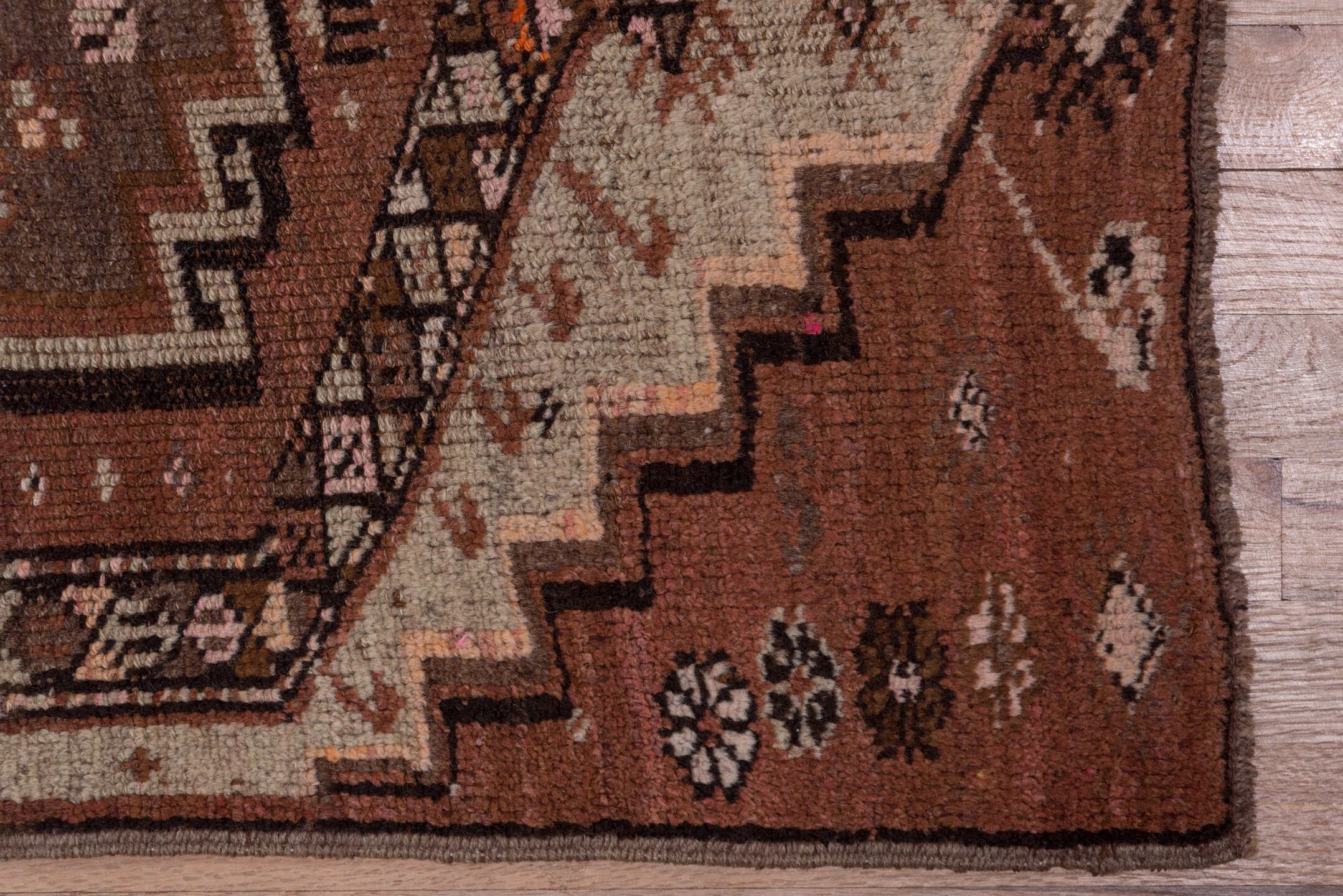 2' x 14' one-of-a-kind handmade vintage Kars runner rug. Color palette: brown, gray, pink, redwood
