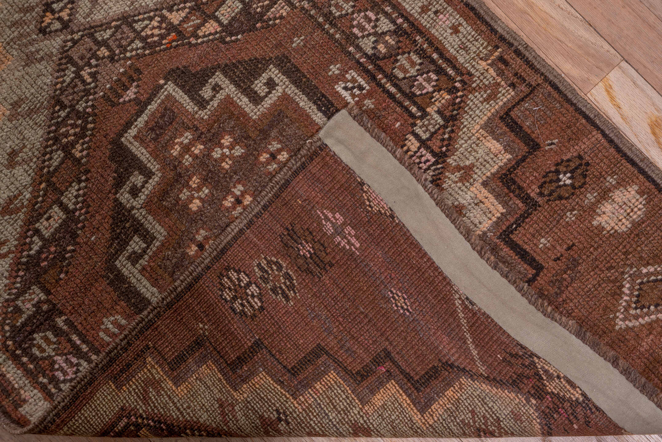 2' x 14' one-of-a-kind handmade antique Kars runner rug. Color palette: brown, taupe, rust, charcoal, camel, ivory