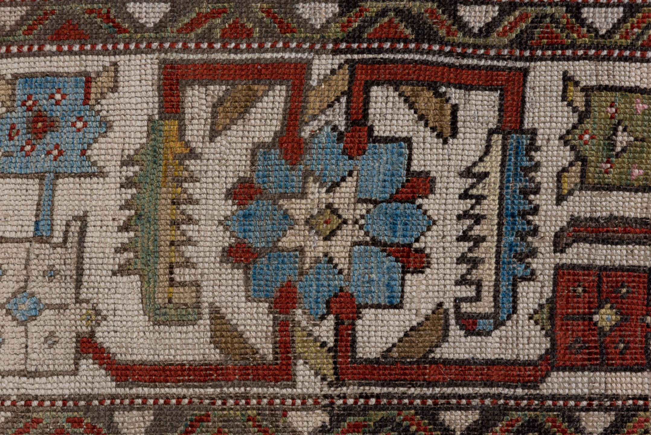 6' x 14' one-of-a-kind handmade antique Karabagh large size rug. Color palette: blue, ivory, rust, slate, sage, taupe, brown