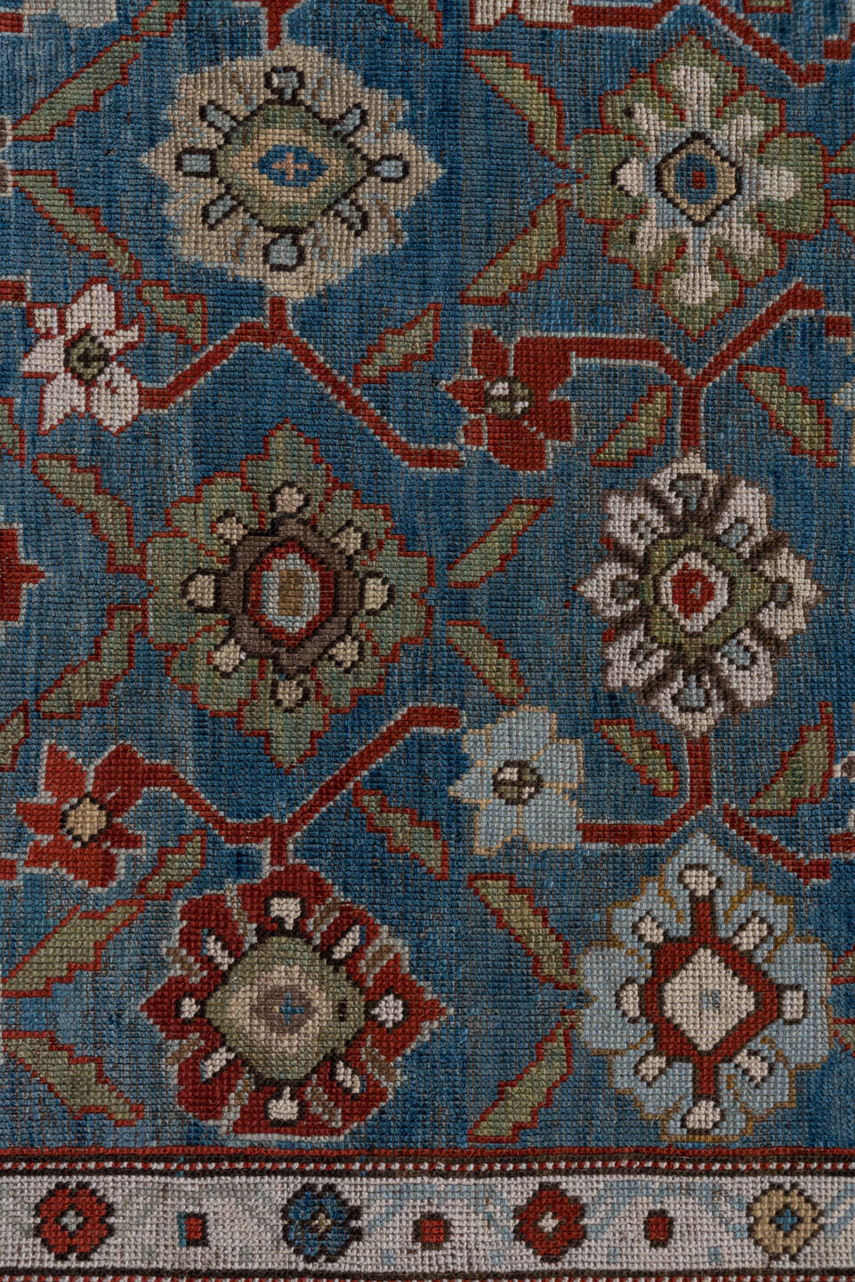 6' x 14' one-of-a-kind handmade antique Karabagh large size rug. Color palette: blue, ivory, rust, slate, sage, taupe, brown