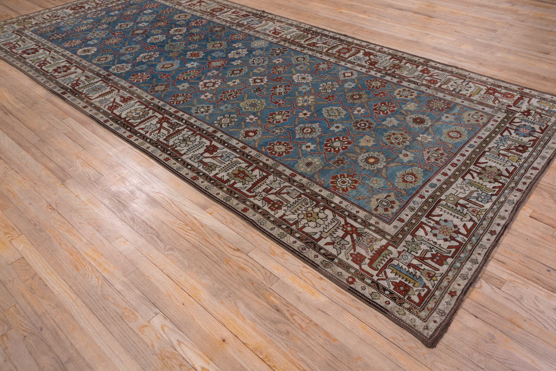 6' x 14' one-of-a-kind handmade antique Karabagh large size rug. Color palette: blue, ivory, rust, slate, sage, taupe, brown
