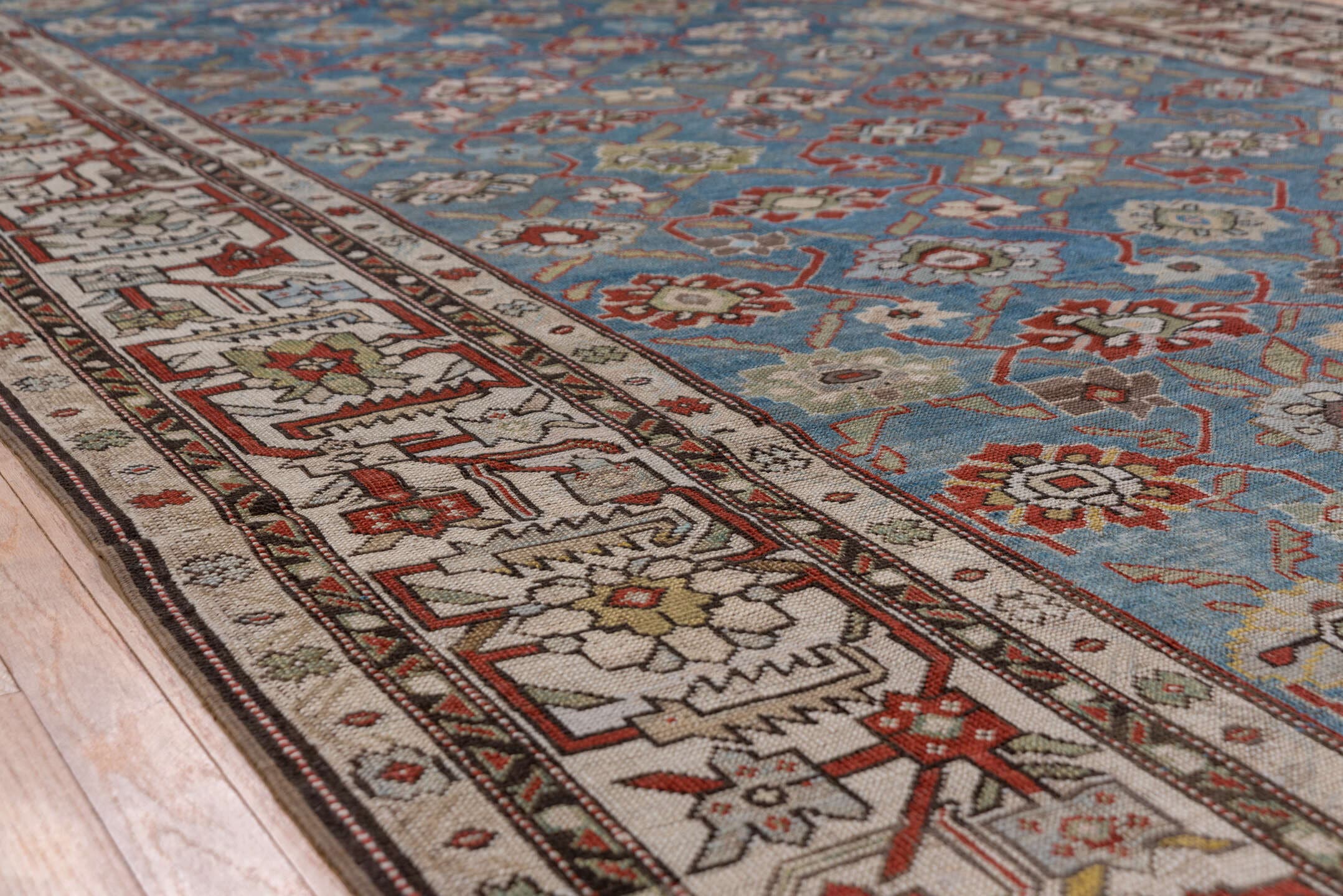 6' x 14' one-of-a-kind handmade antique Karabagh large size rug. Color palette: blue, ivory, rust, slate, sage, taupe, brown