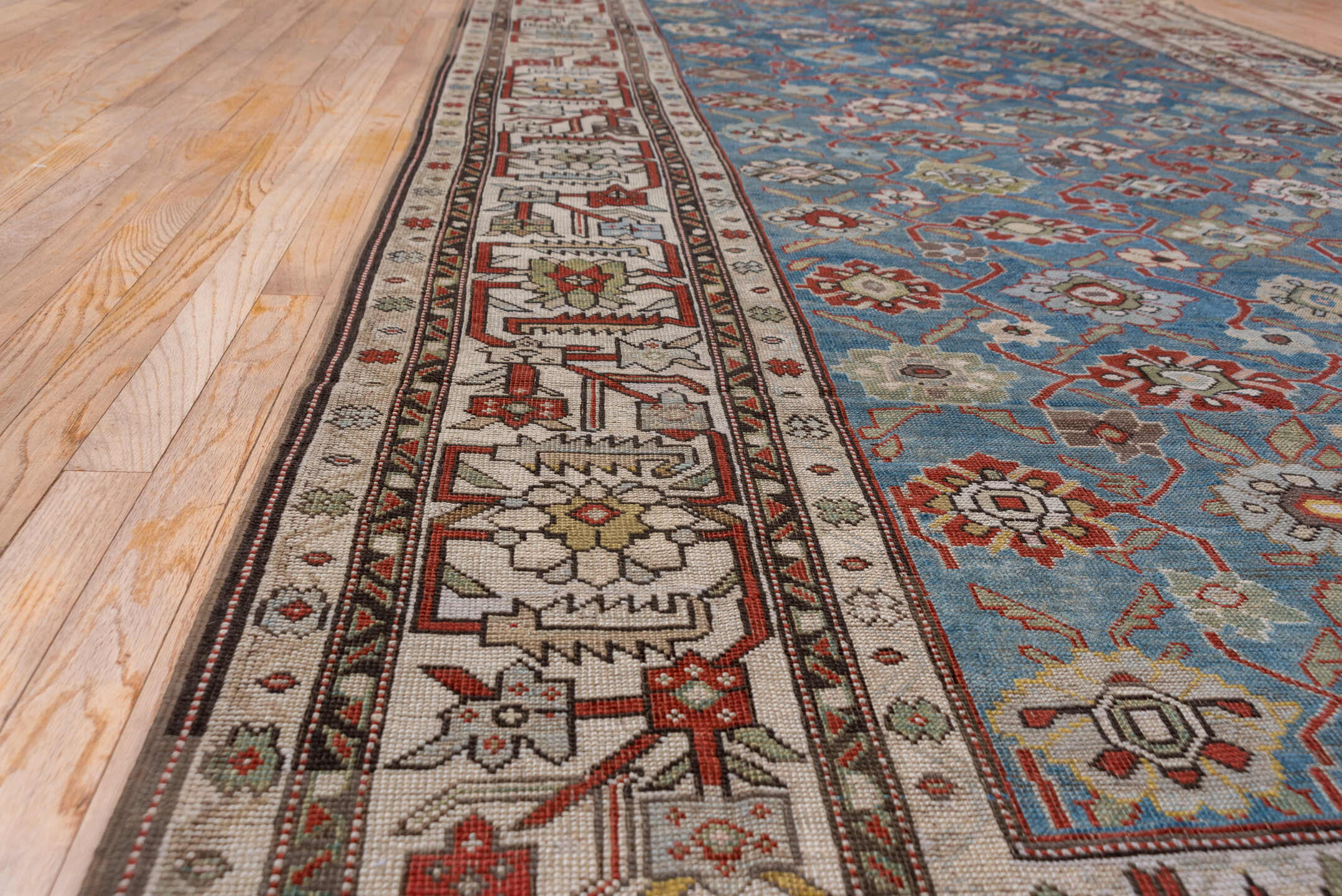 6' x 14' one-of-a-kind handmade antique Karabagh large size rug. Color palette: blue, ivory, rust, slate, sage, taupe, brown