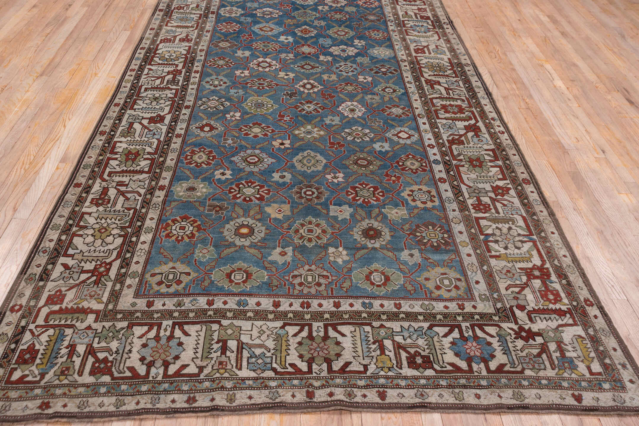 6' x 14' one-of-a-kind handmade antique Karabagh large size rug. Color palette: blue, ivory, rust, slate, sage, taupe, brown