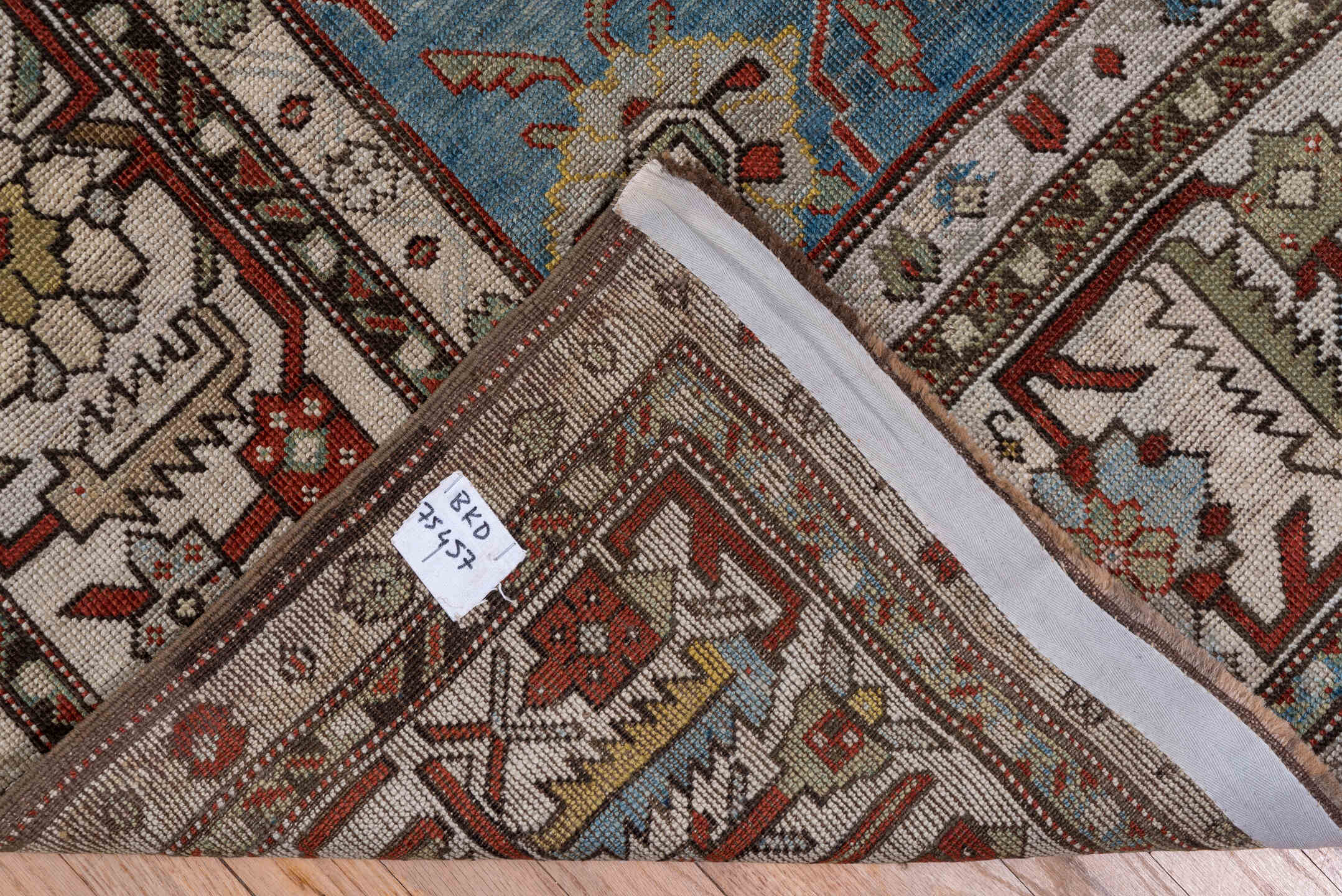 6' x 14' one-of-a-kind handmade antique Karabagh large size rug. Color palette: blue, ivory, rust, slate, sage, taupe, brown