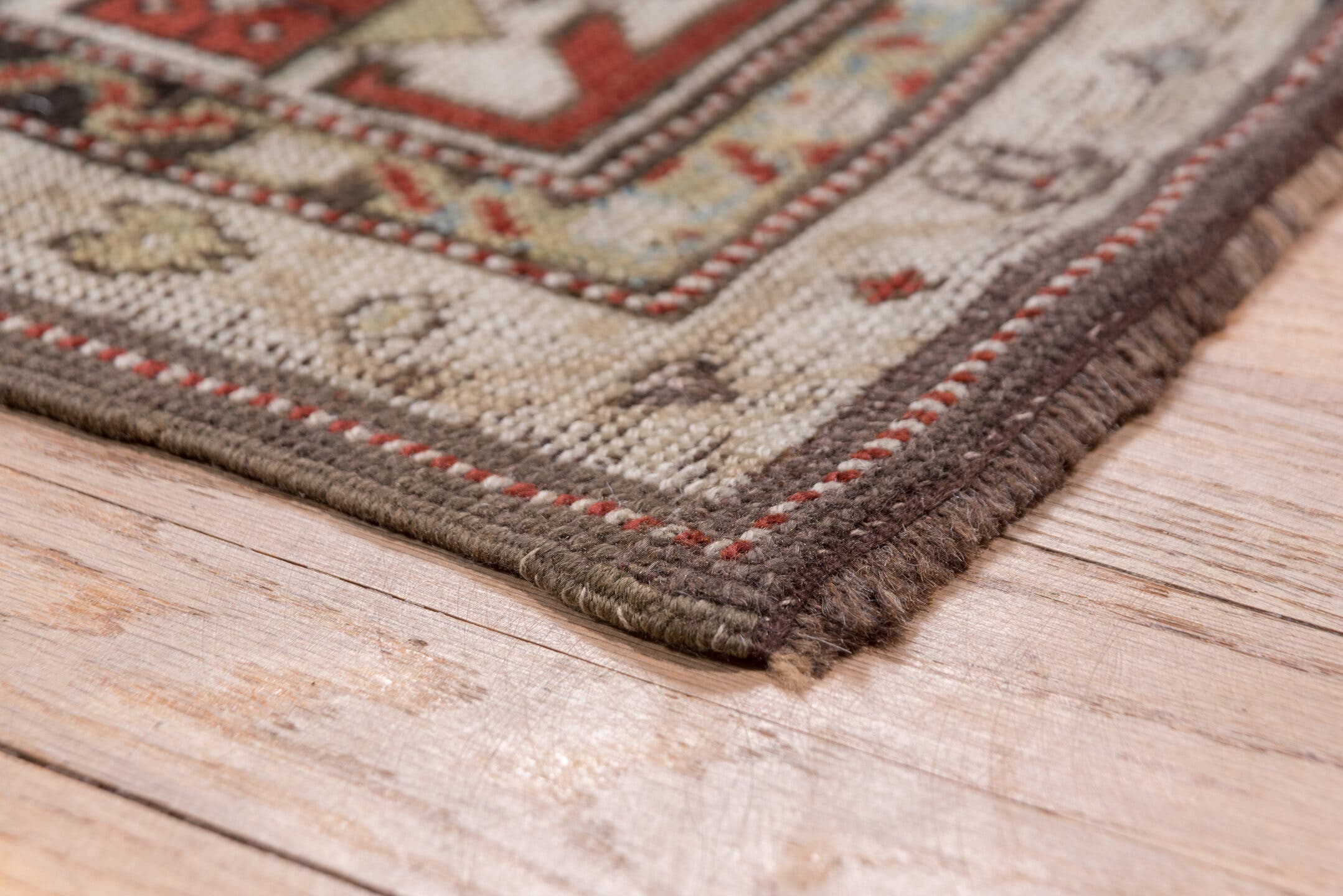 6' x 14' one-of-a-kind handmade antique Karabagh large size rug. Color palette: blue, ivory, rust, slate, sage, taupe, brown