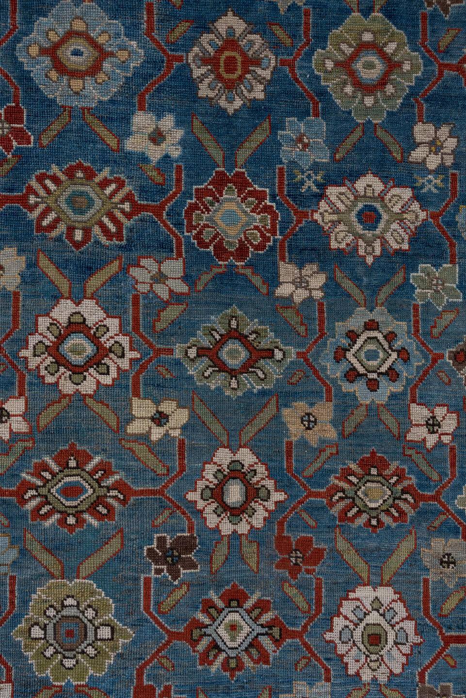 6' x 14' one-of-a-kind handmade antique Karabagh large size rug. Color palette: blue, ivory, rust, slate, sage, taupe, brown
