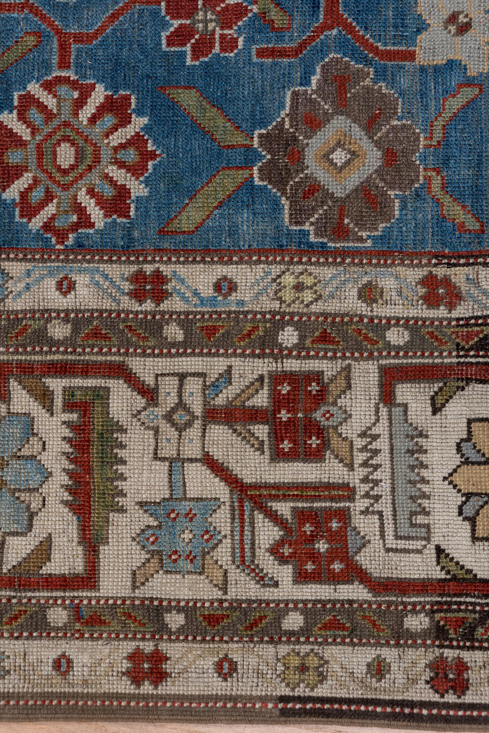 6' x 14' one-of-a-kind handmade antique Karabagh large size rug. Color palette: blue, ivory, rust, slate, sage, taupe, brown