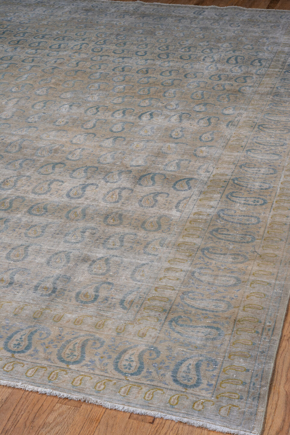 9' x 12' one-of-a-kind handmade antique Sivas large size rug. Color palette: pale blue, ivory, sky blue, beige, taupe, gold