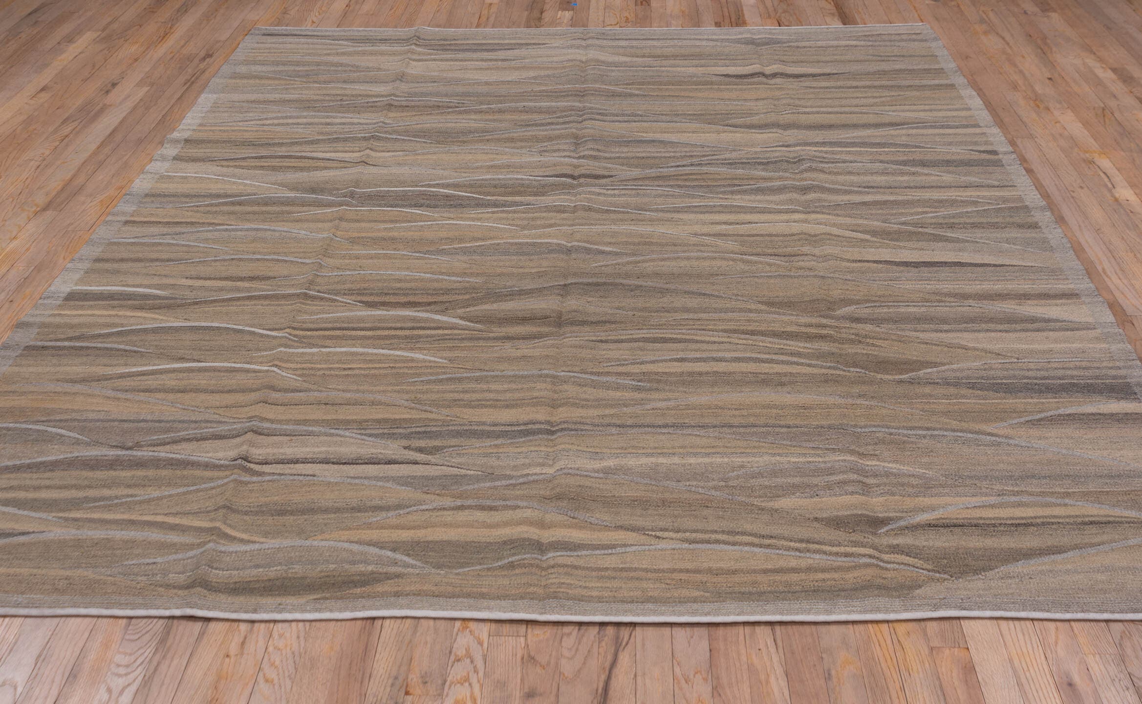 8' x 10' one-of-a-kind handmade vintage Kilim large size rug. Color palette: taupe, brown, camel, beige, ivory, charcoal