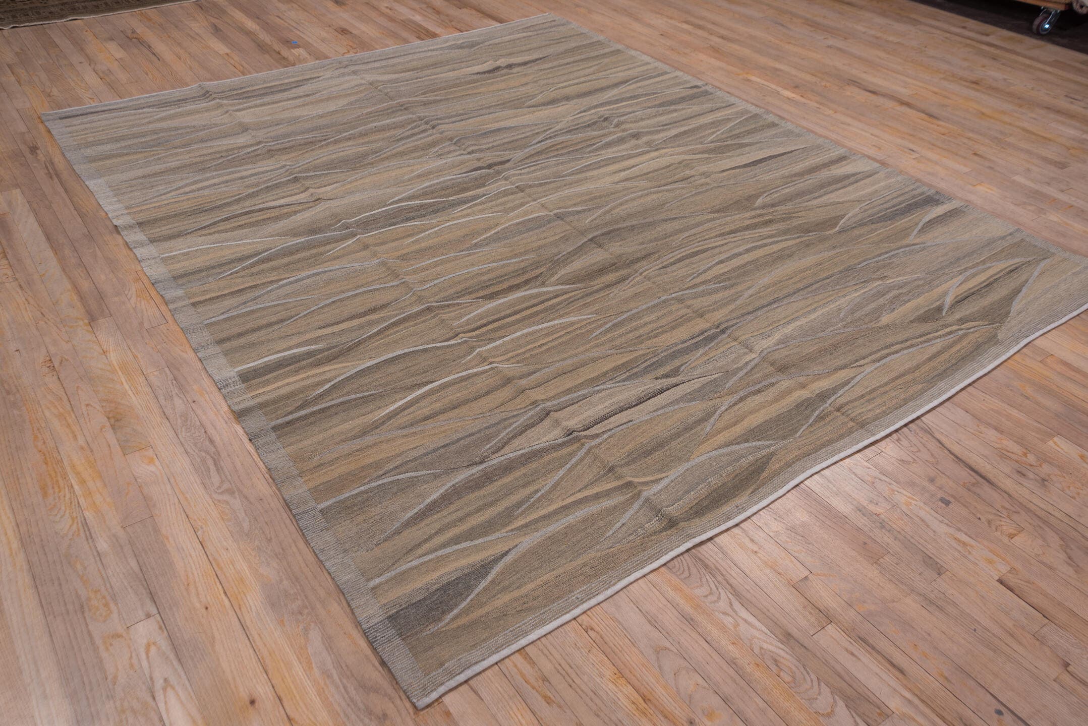 8' x 10' one-of-a-kind handmade vintage Kilim large size rug. Color palette: taupe, brown, camel, beige, ivory, charcoal