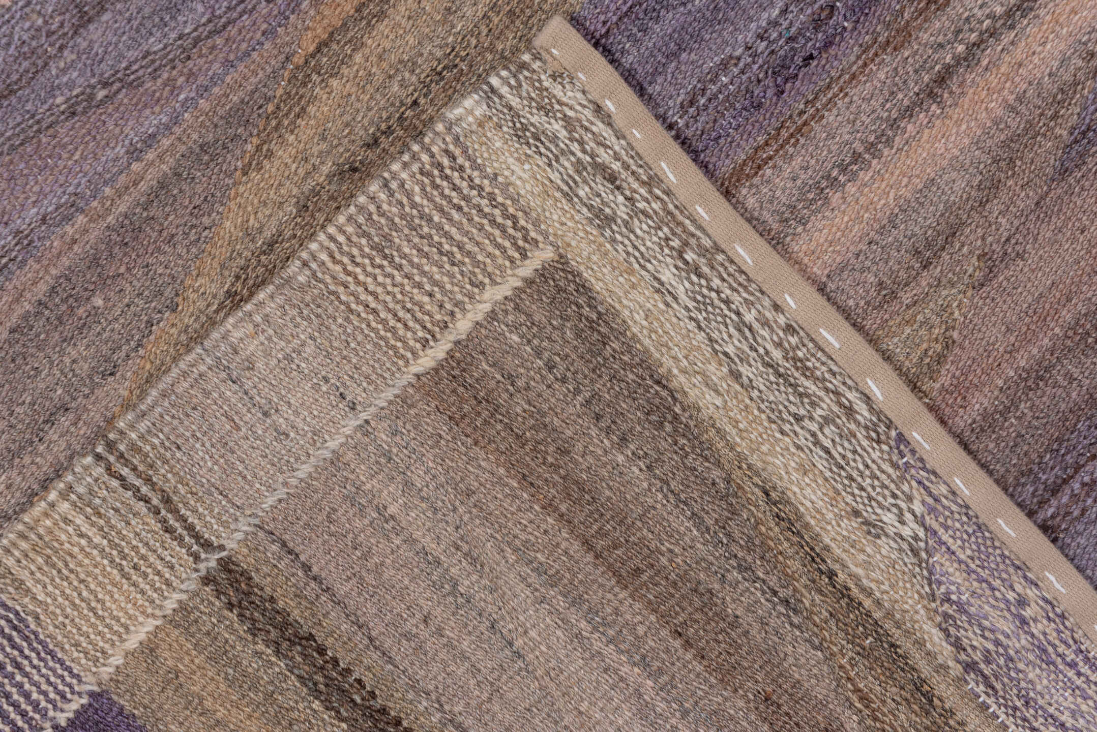 7' x 10' one-of-a-kind handmade vintage Kilim large size rug. Color palette: taupe, lavender, beige, mauve, brown, gray