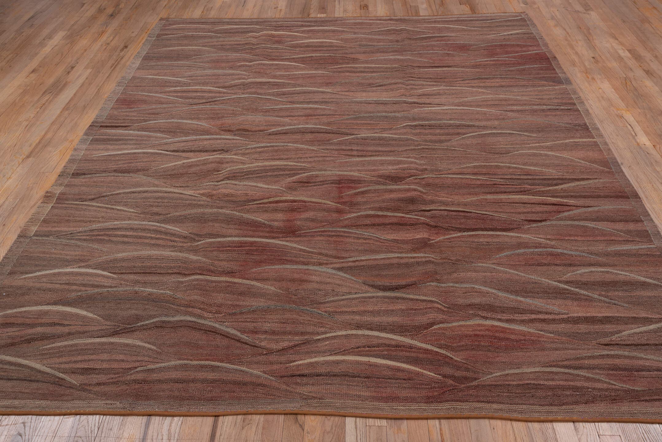 8' x 9' one-of-a-kind handmade vintage Kilim rug. Color palette: brown, taupe, camel, rose, charcoal, ivory, beige, gray