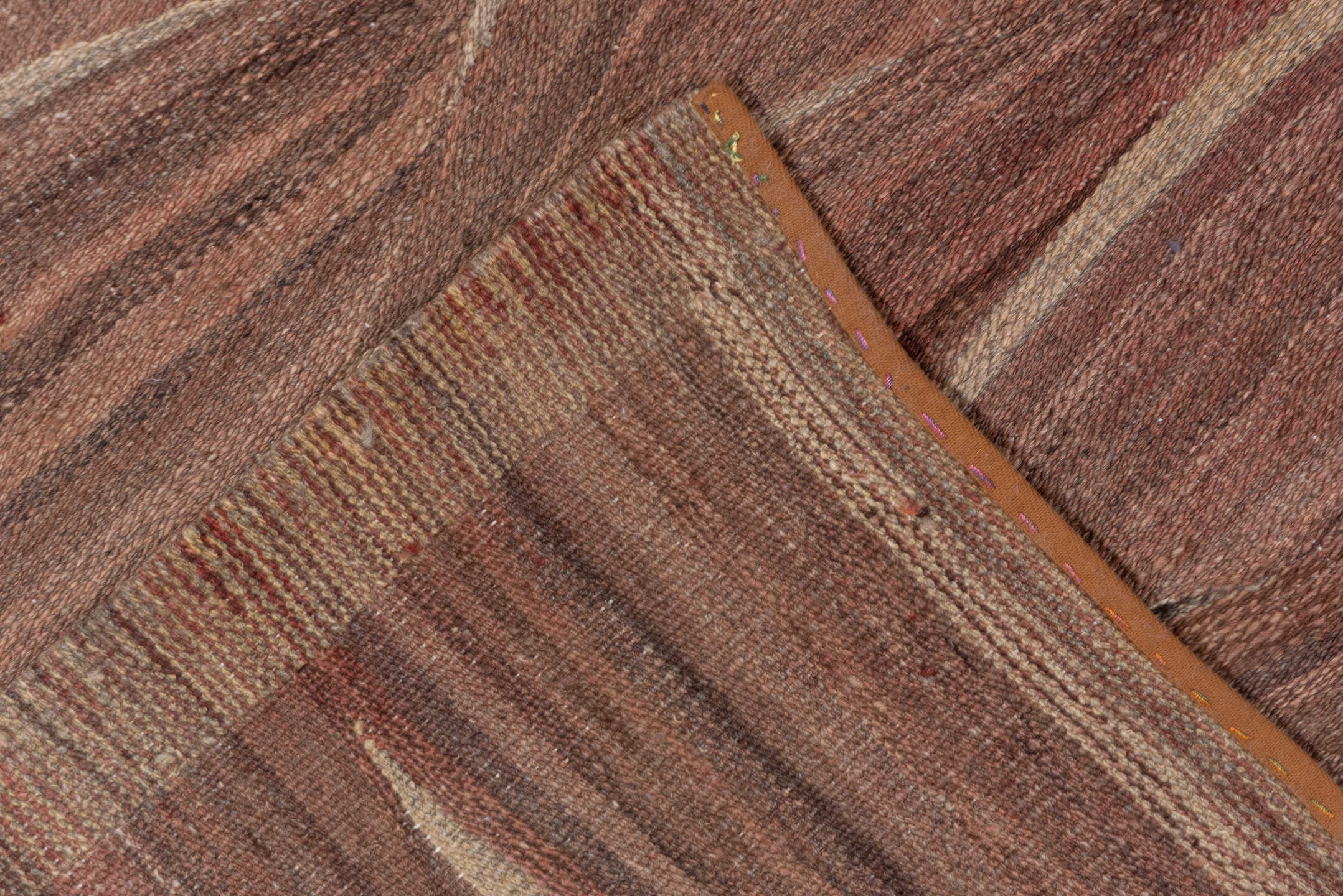 8' x 9' one-of-a-kind handmade vintage Kilim rug. Color palette: brown, taupe, camel, rose, charcoal, ivory, beige, gray