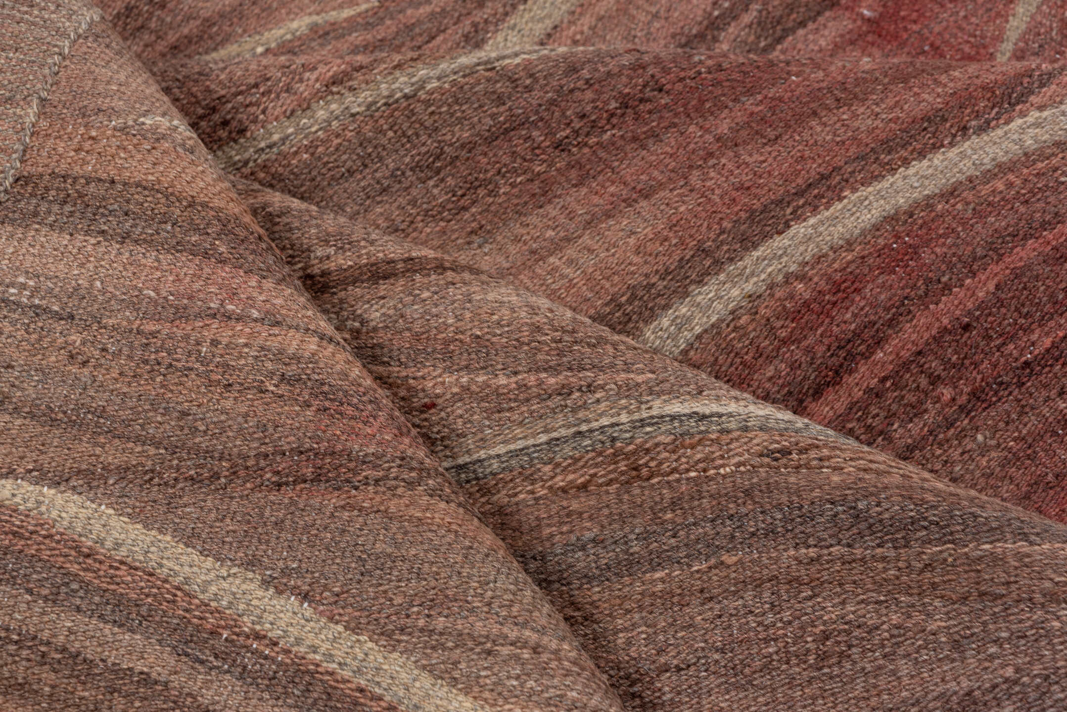 8' x 9' one-of-a-kind handmade vintage Kilim rug. Color palette: brown, taupe, camel, rose, charcoal, ivory, beige, gray