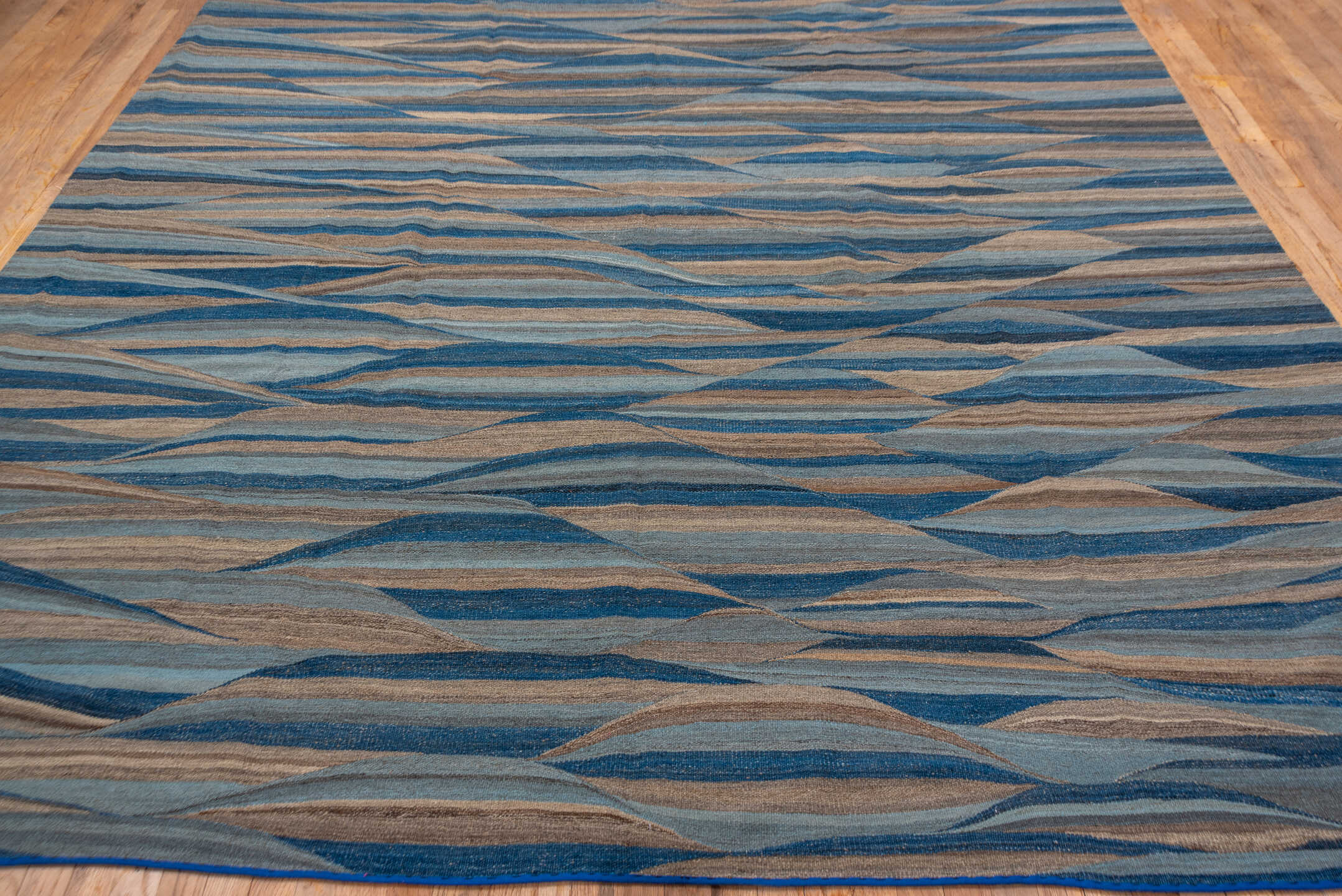 8' x 11' one-of-a-kind handmade vintage Kilim large size rug. Color palette: blue, taupe, sky blue, slate, ivory, beige