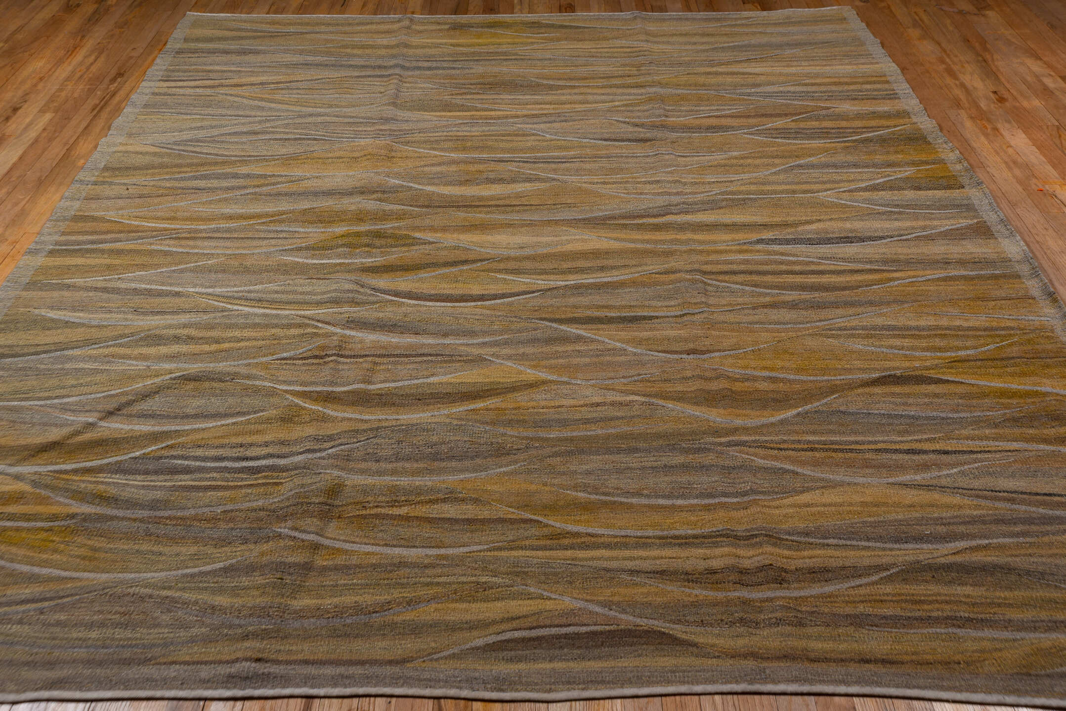 8' x 9' one-of-a-kind handmade vintage Kilim rug. Color palette: taupe, camel, beige, ivory, brown, gray
