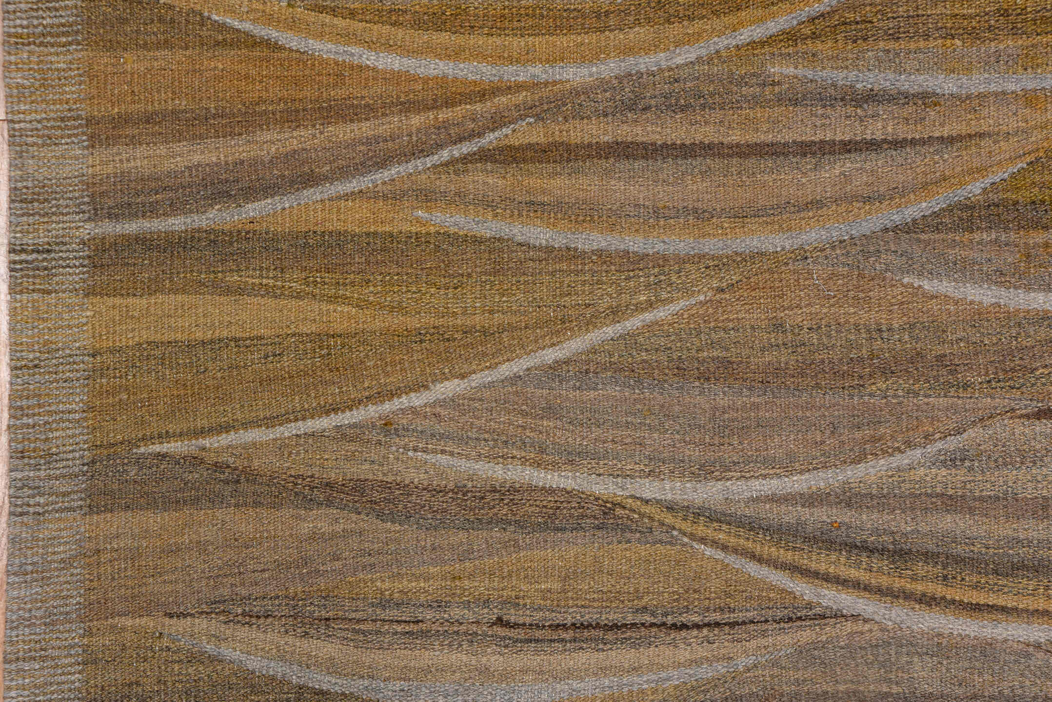 8' x 9' one-of-a-kind handmade vintage Kilim rug. Color palette: taupe, camel, beige, ivory, brown, gray