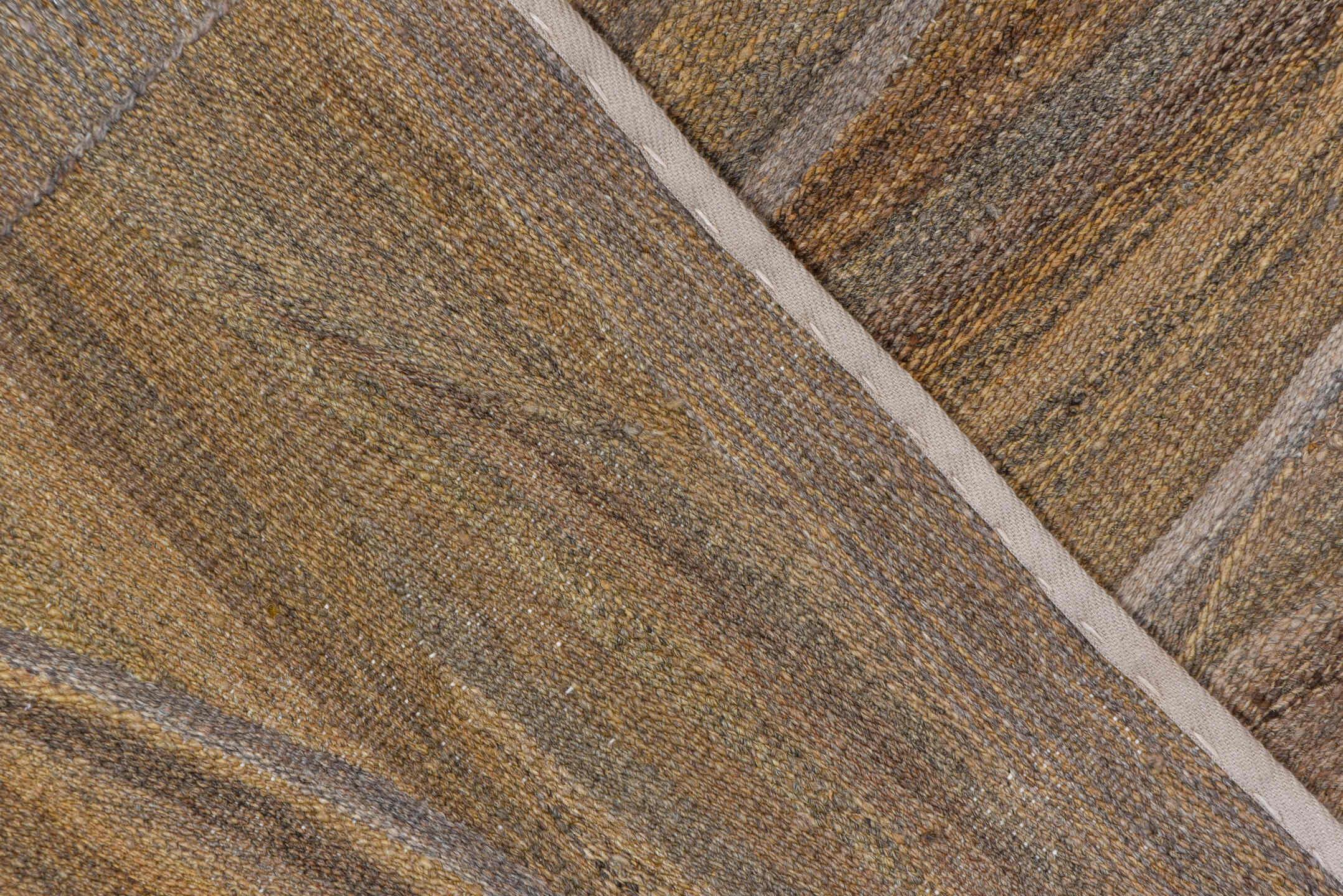 8' x 9' one-of-a-kind handmade vintage Kilim rug. Color palette: taupe, camel, beige, ivory, brown, gray