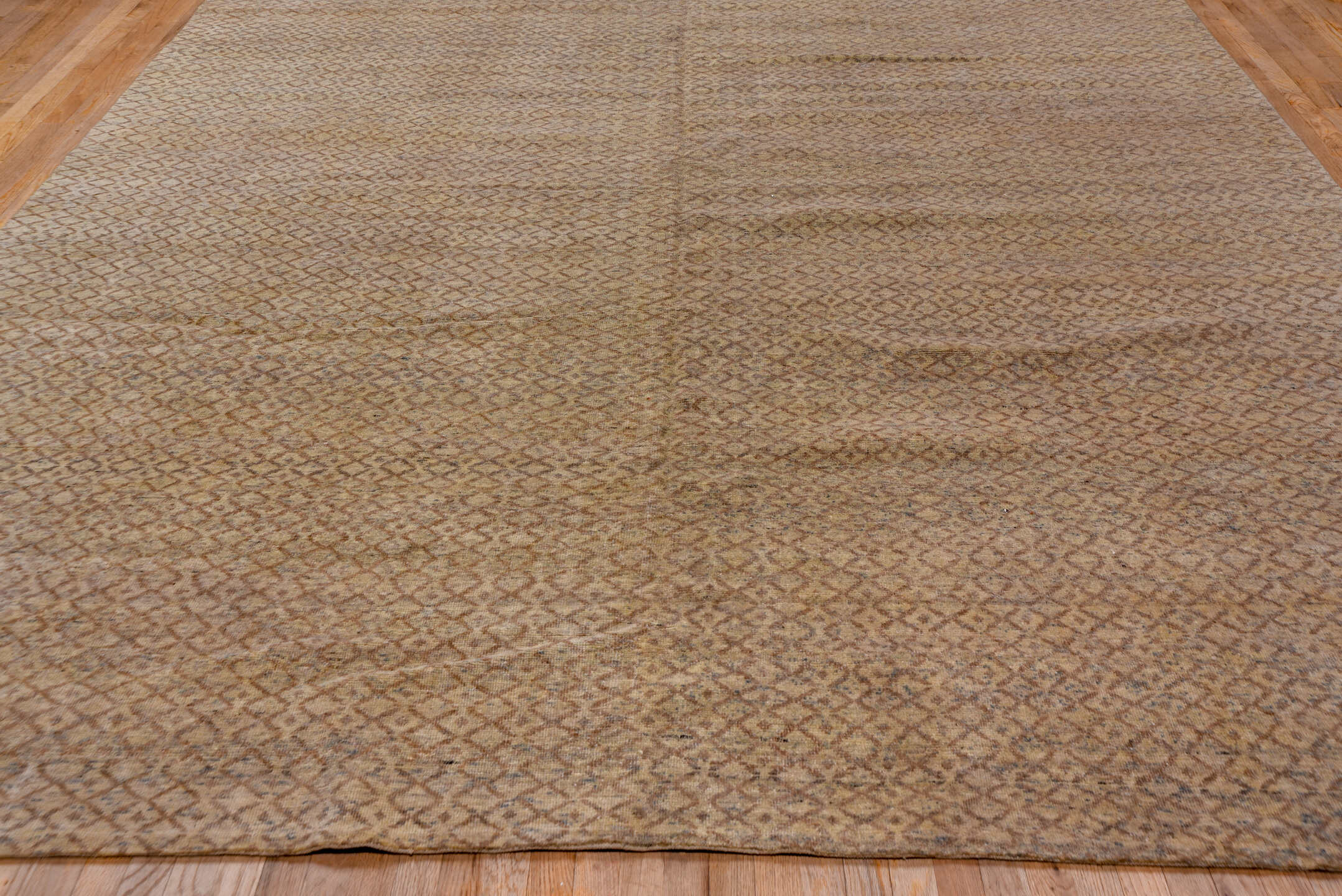 10' x 15' one-of-a-kind handmade vintage Mosaic rug. Color palette: beige, taupe, camel, brown, ivory, gray