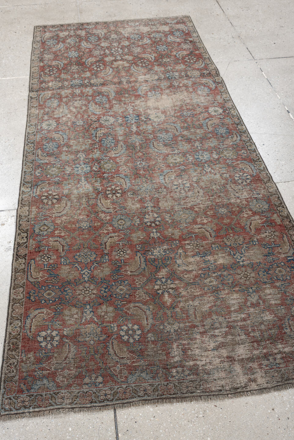 3' x 7' one-of-a-kind handmade antique Bidjar runner rug. Color palette: terracotta, ivory, muted blue, taupe, slate, rose