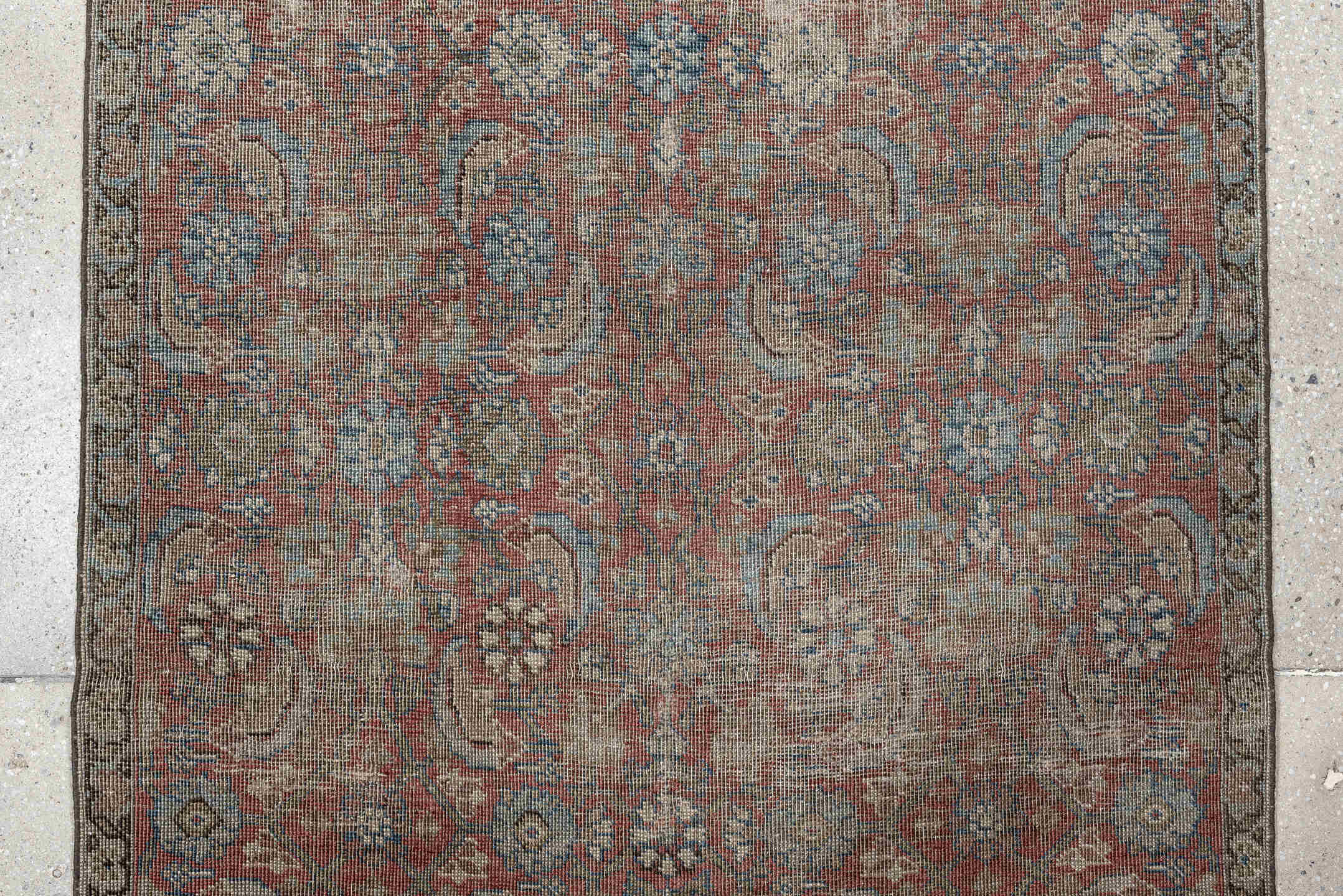 3' x 7' one-of-a-kind handmade antique Bidjar runner rug. Color palette: terracotta, ivory, muted blue, taupe, slate, rose