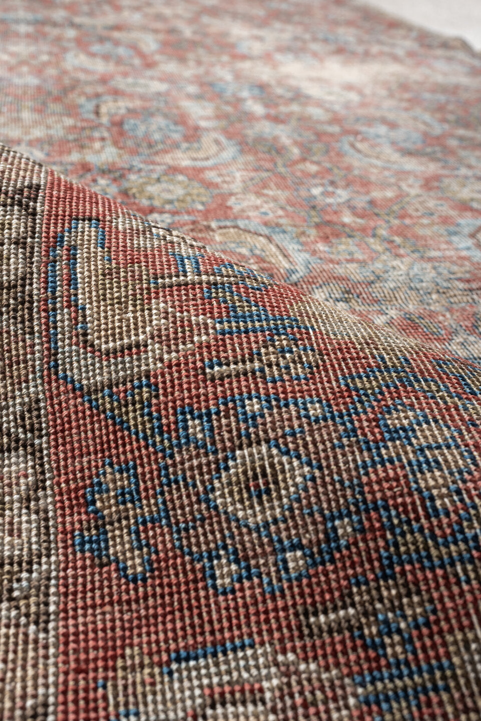3' x 7' one-of-a-kind handmade antique Bidjar runner rug. Color palette: terracotta, ivory, muted blue, taupe, slate, rose