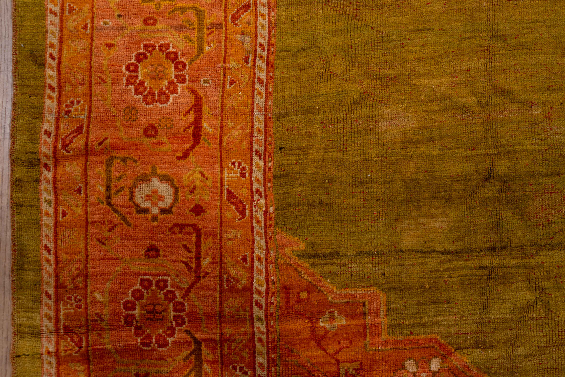 11' x 14' one-of-a-kind handmade antique Oushak oversize rug. Color palette: gold, blush, coral, saffron, terra cotta, ivory