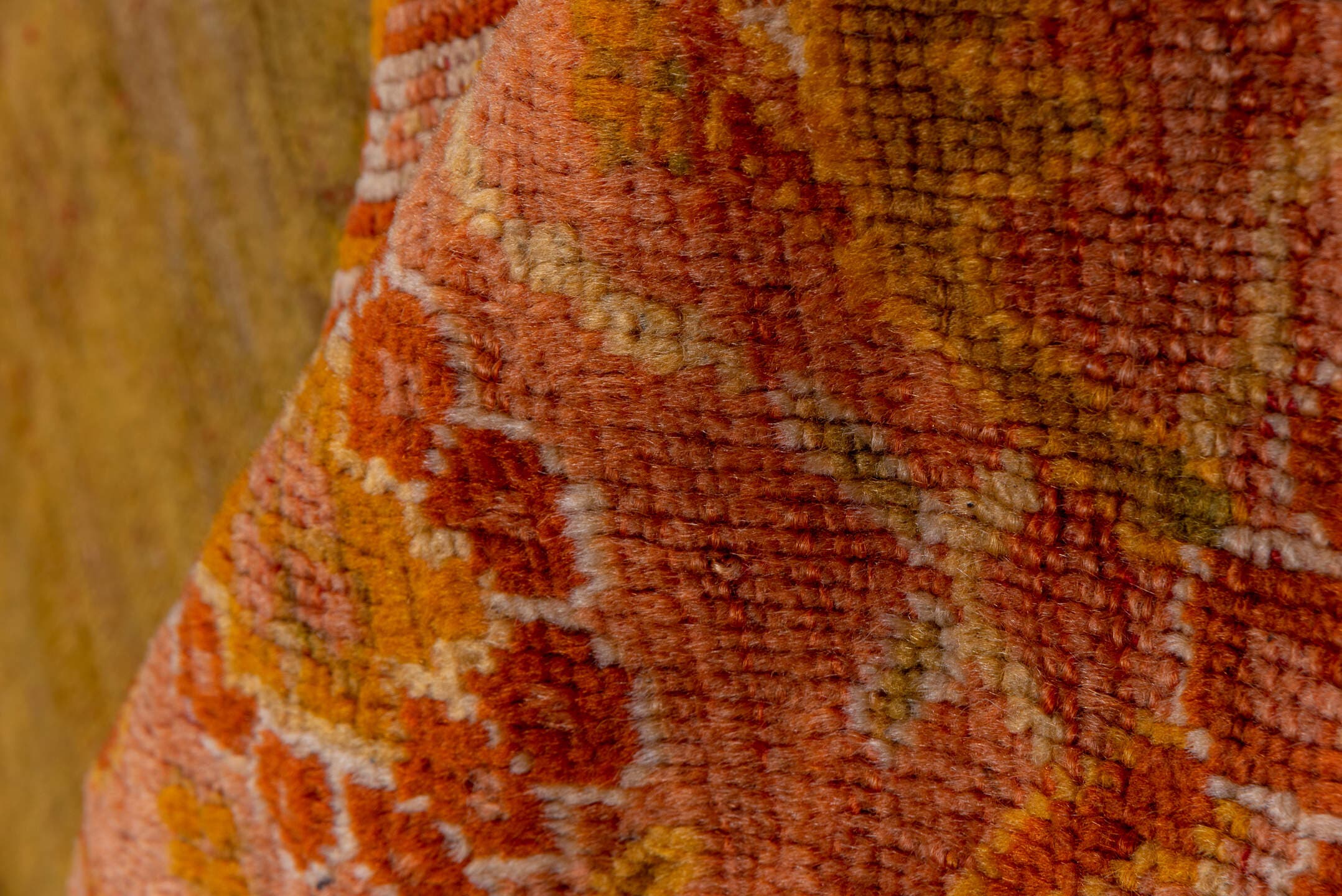 11' x 14' one-of-a-kind handmade antique Oushak oversize rug. Color palette: gold, blush, coral, saffron, terra cotta, ivory
