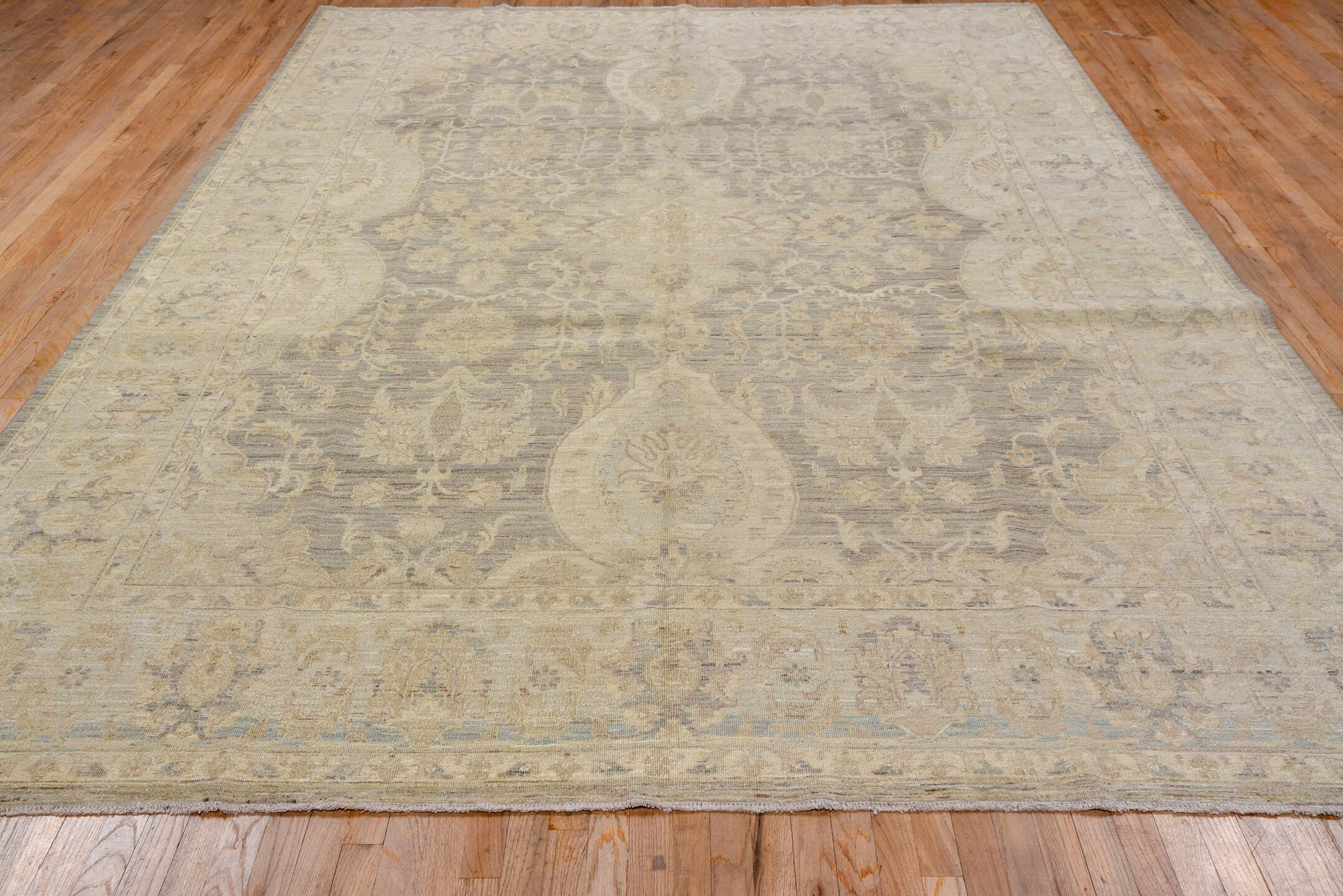 9' x 12' one-of-a-kind handmade vintage Sivas large size rug. Color palette: ivory, beige, taupe, gray, cream, pale gold