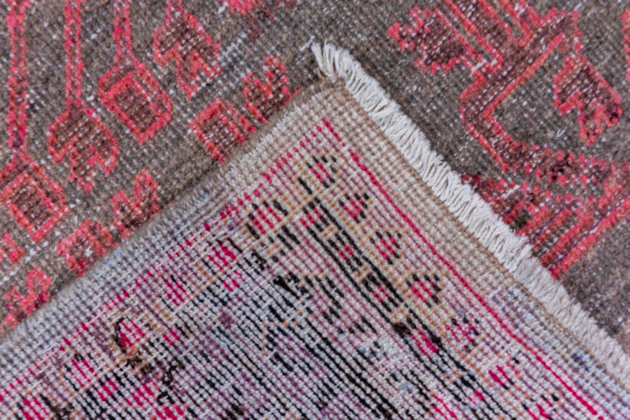 6' x 11' one-of-a-kind handmade vintage Khotan large size rug. Color palette: brown, gray, pink, red