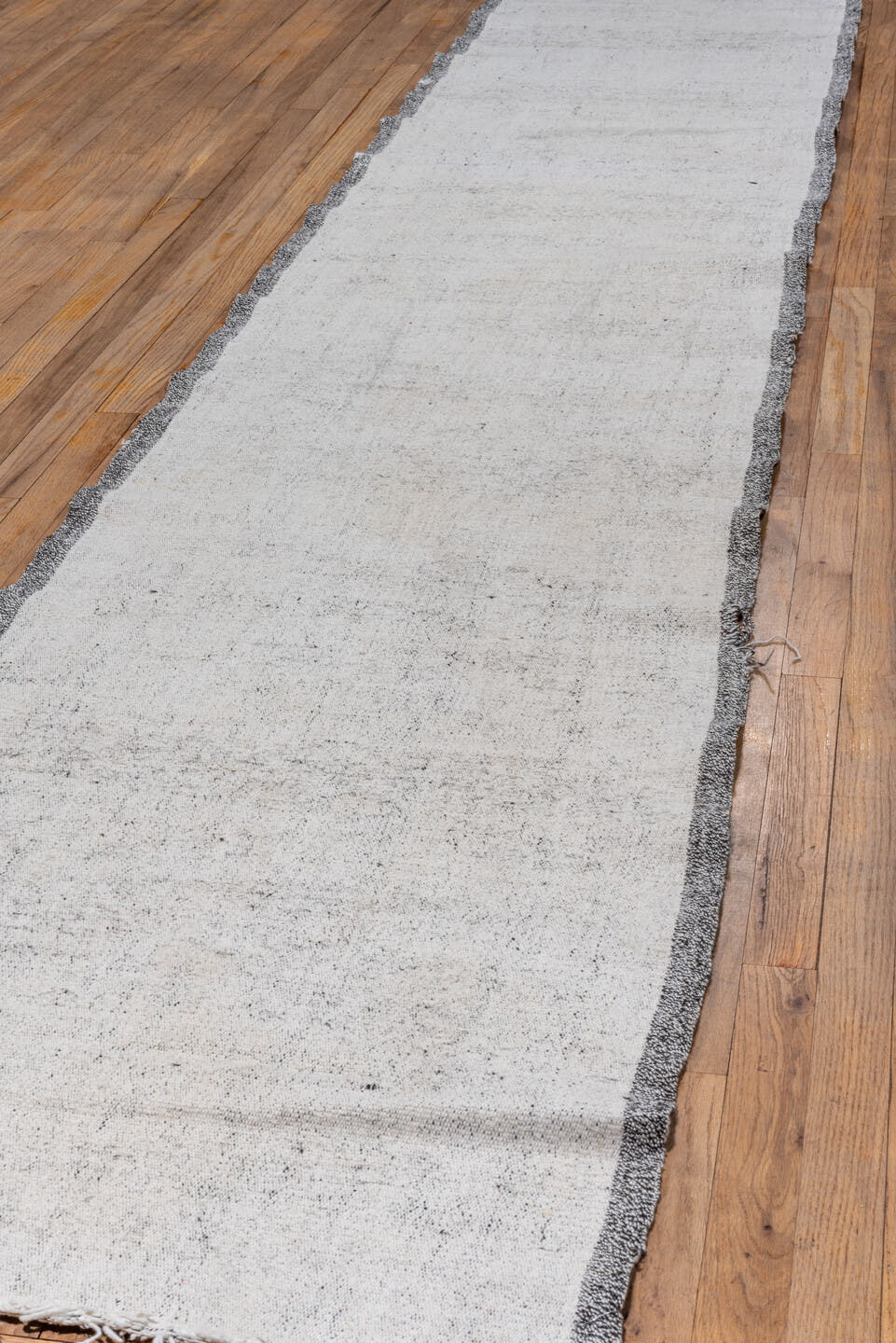 2' x 47' one-of-a-kind handmade vintage Flatweave runner rug. Color palette: ivory, charcoal, light gray, gray, black