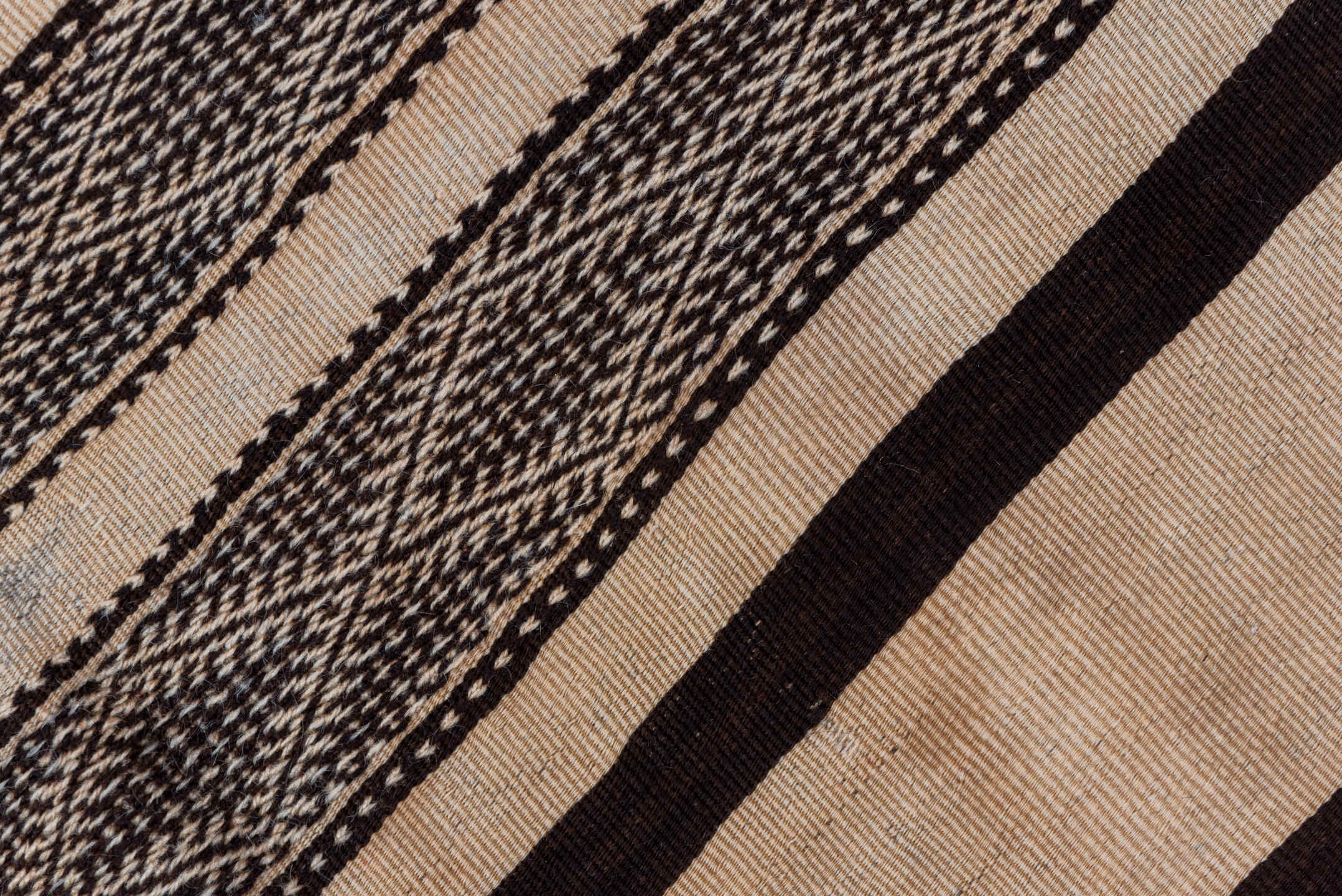 5' x 8' one-of-a-kind handmade vintage Kilim medium size rug. Color palette: brown, gray, off-white, pink, snow, white