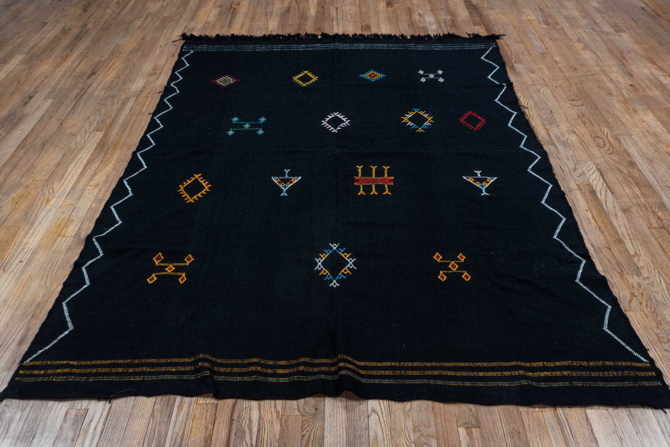 6' x 8' one-of-a-kind handmade vintage Cactus Kilim medium size rug. Color palette: black, ivory, gold, turquoise, crimson