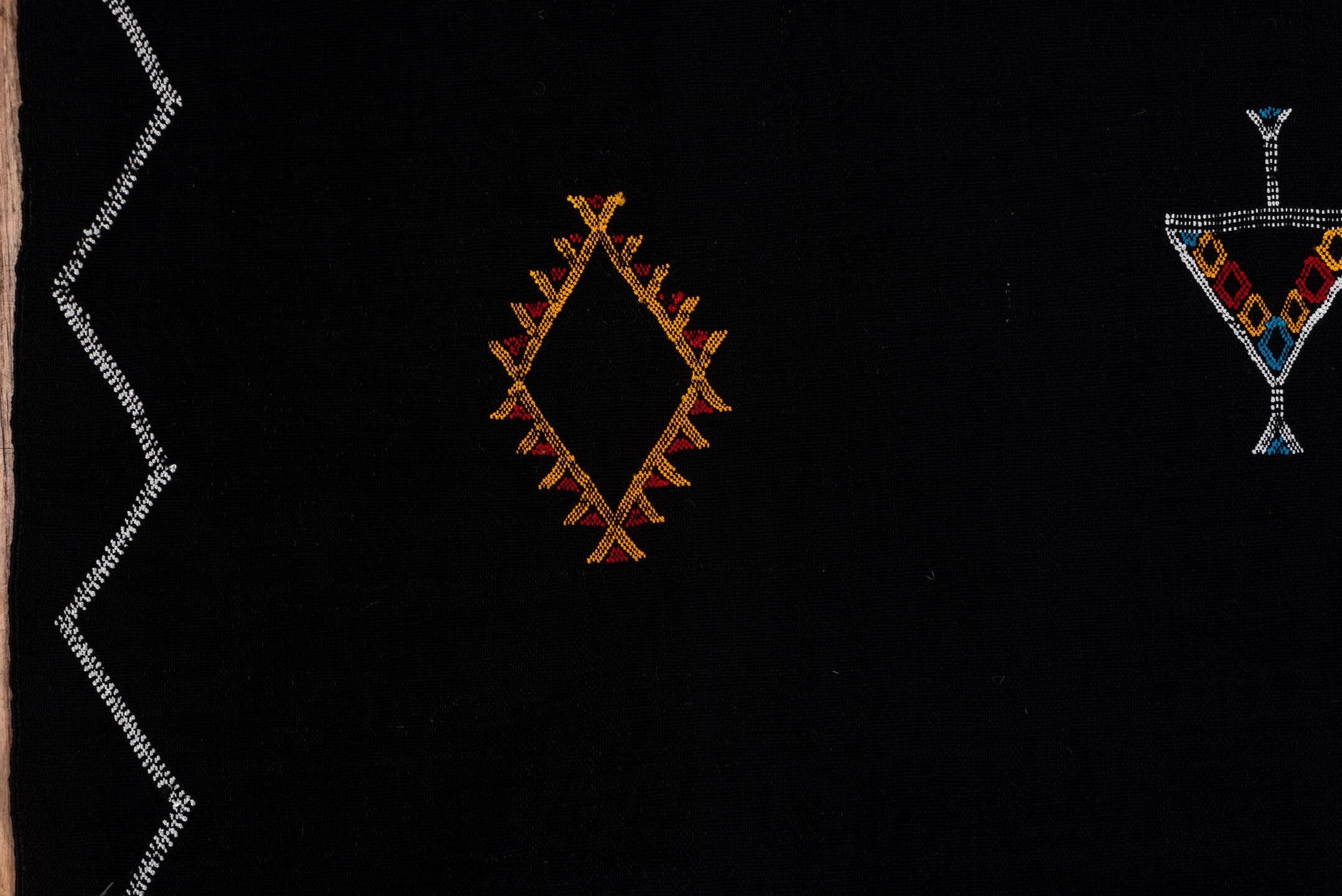 6' x 8' one-of-a-kind handmade vintage Cactus Kilim medium size rug. Color palette: black, ivory, gold, turquoise, crimson