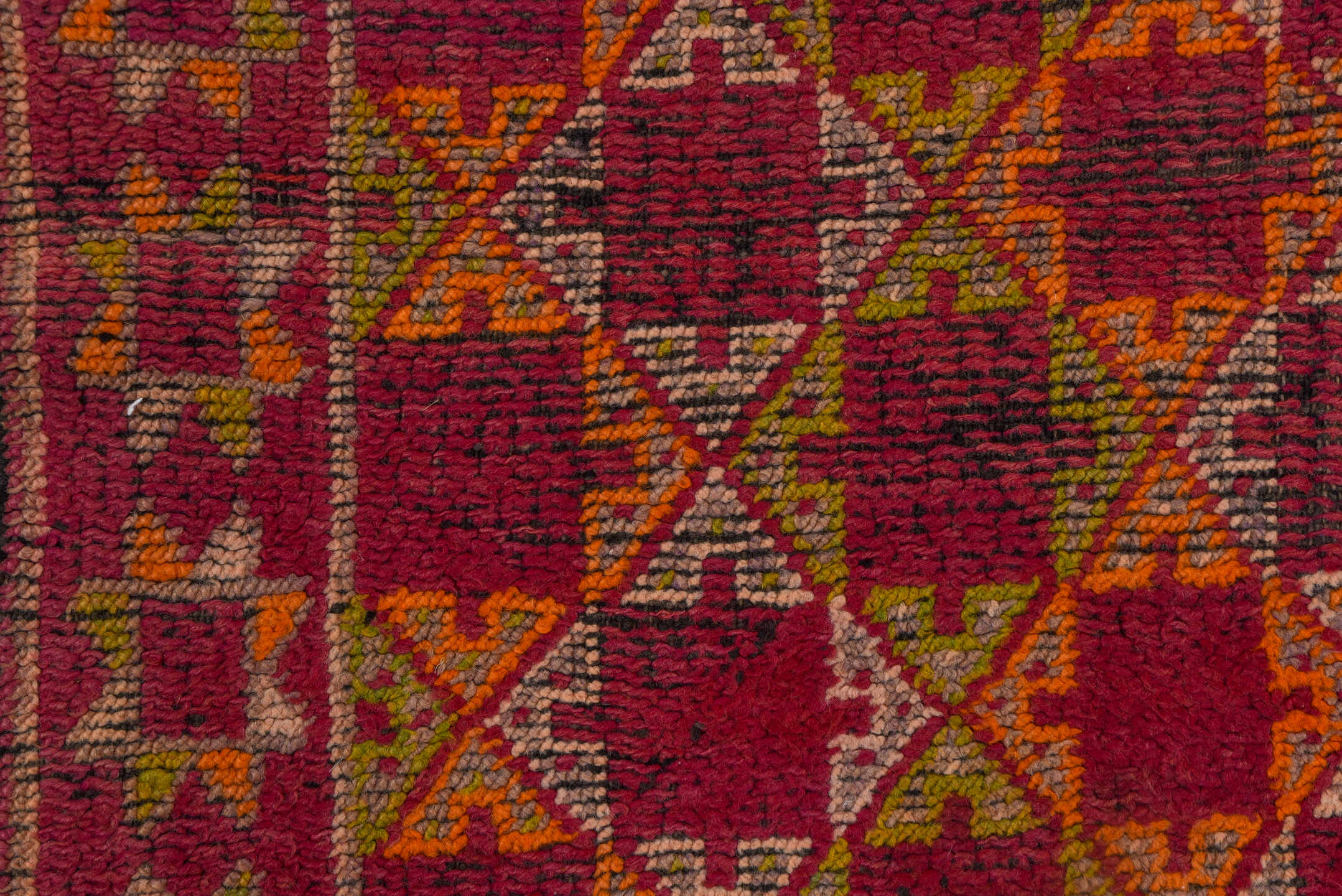 4' x 6' one-of-a-kind handmade vintage Moroccan small size rug. Color palette: rose, magenta, rust, ivory, saffron, brown