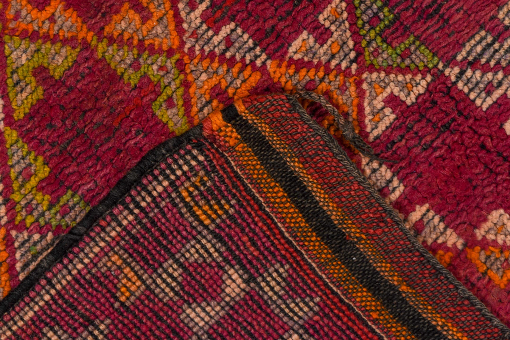 4' x 6' one-of-a-kind handmade vintage Moroccan small size rug. Color palette: rose, magenta, rust, ivory, saffron, brown